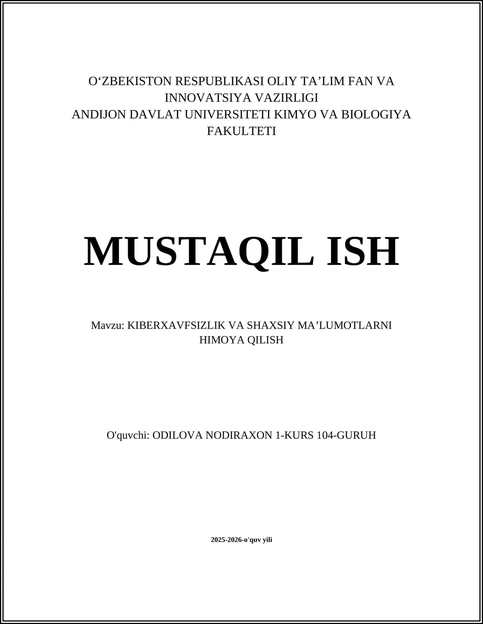 Kiberxavfsizlik va shaxsiy ma’lumotlarni himoya qilish