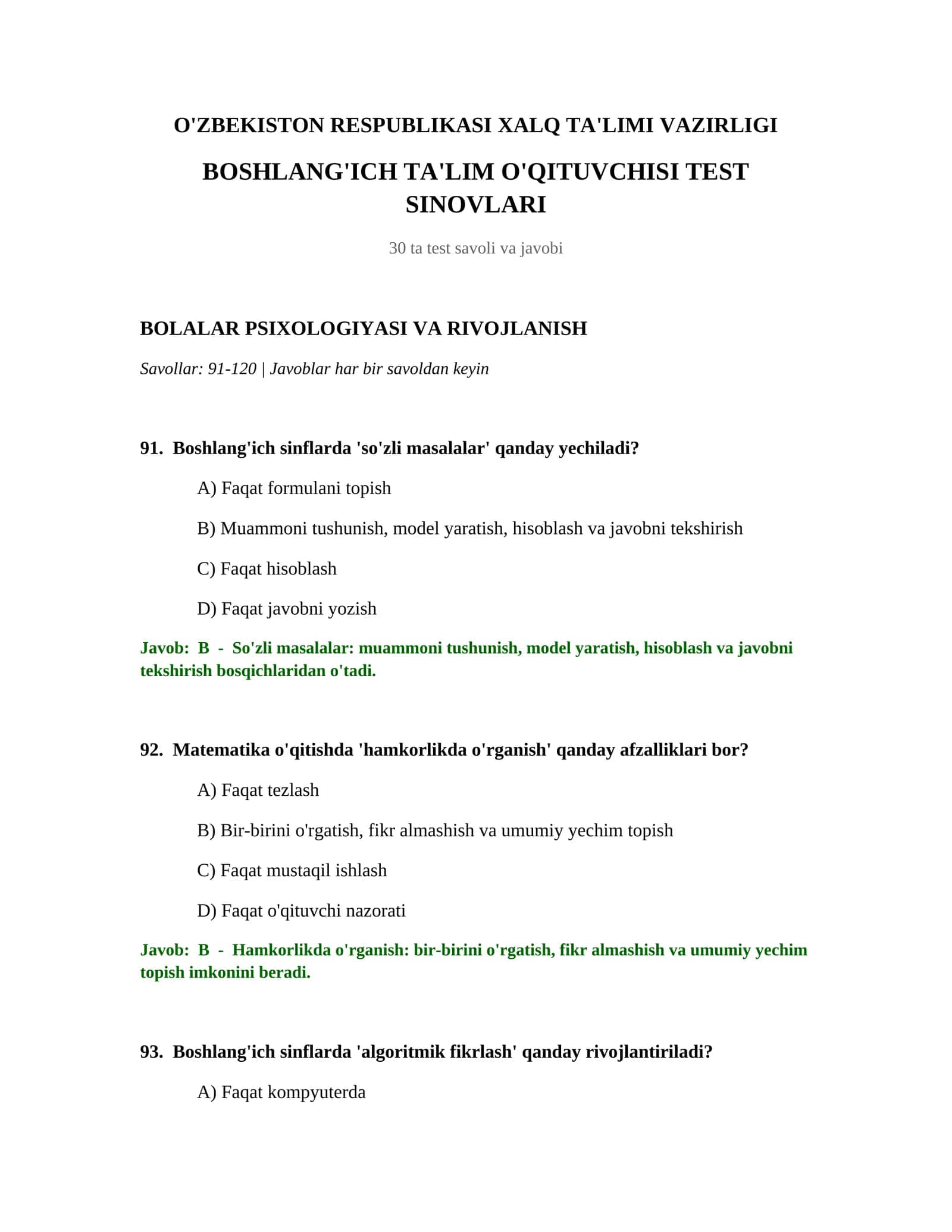 BOSHLANG'ICH TA'LIM O'QITUVCHISI TEST SINOVLARI