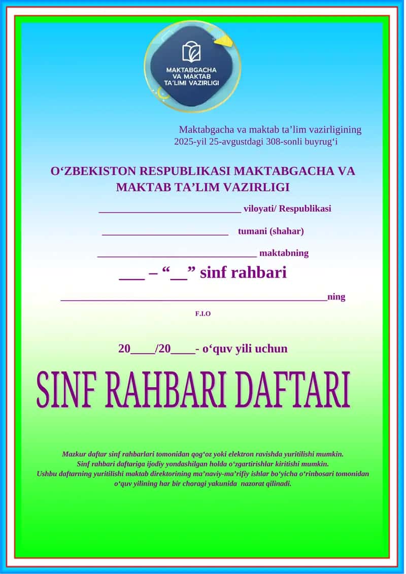 1-4 sinf Sinf rahbar daftari 2025-2026-yil