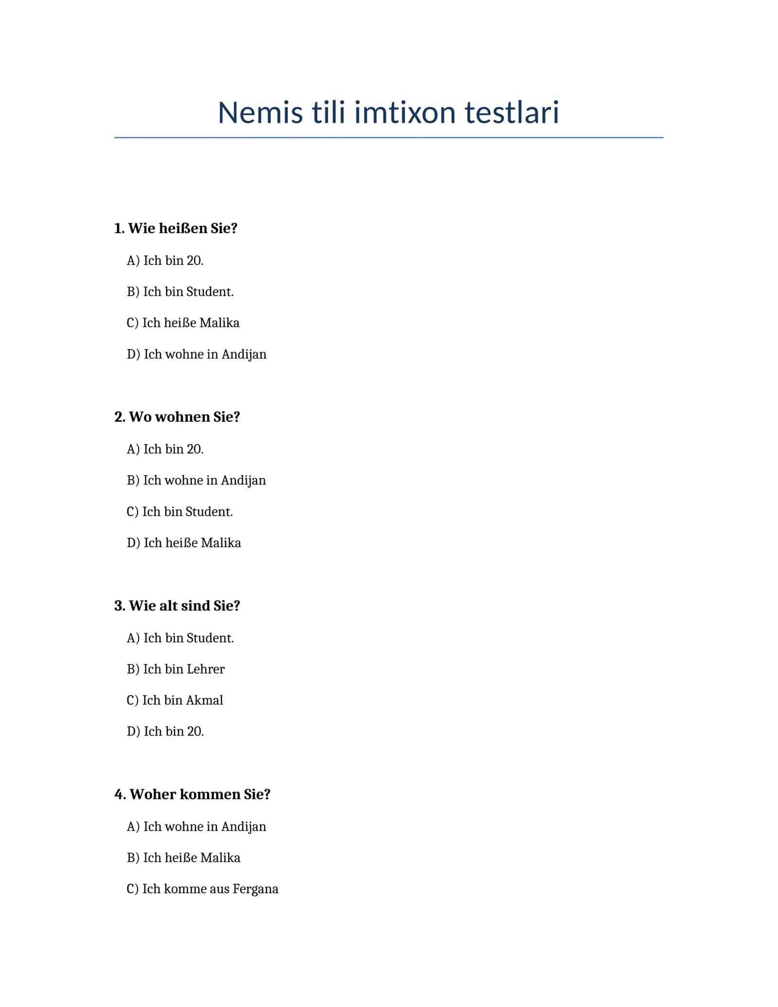 Nemis tili imtixon testlari