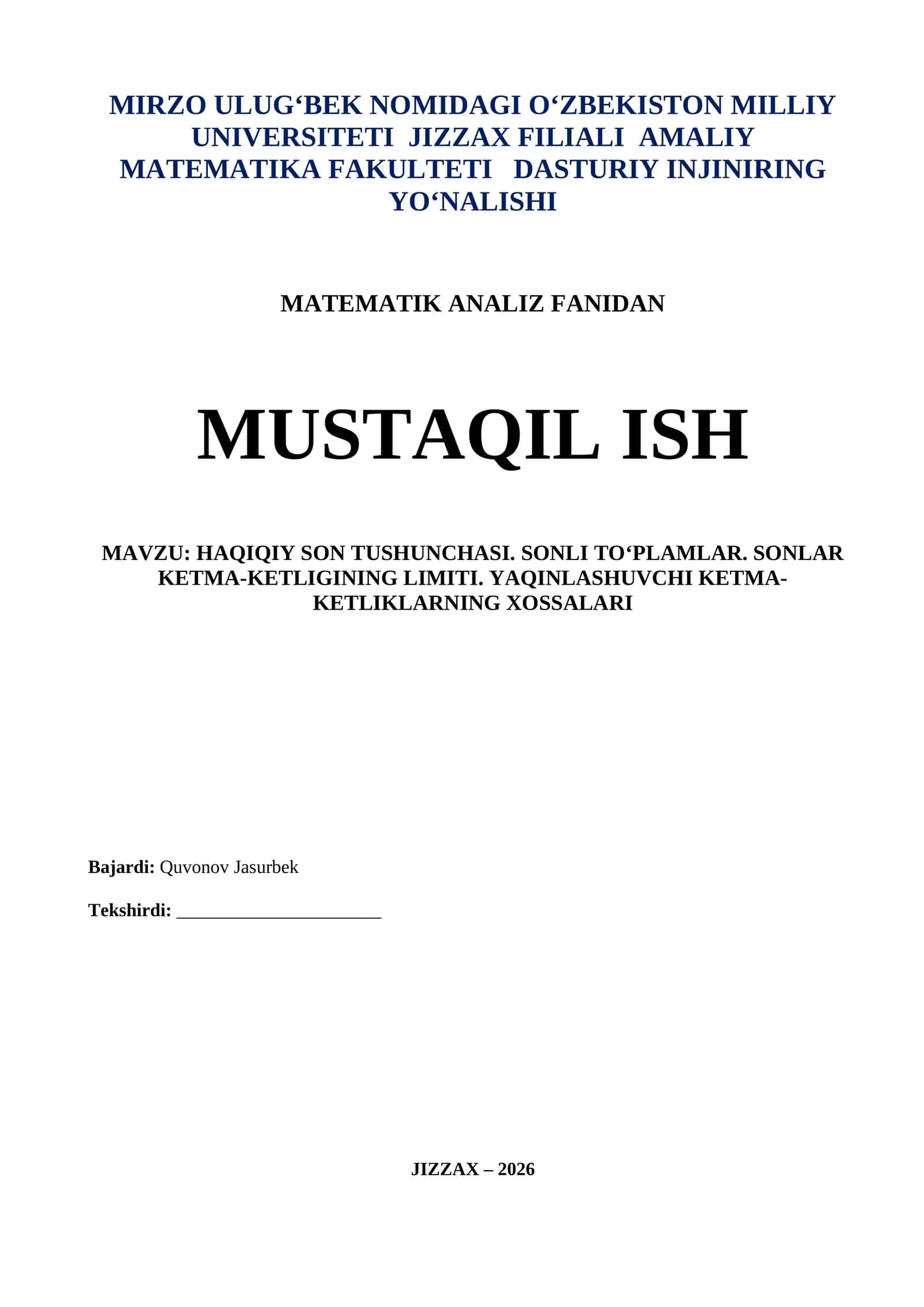 HAQIQIY SON TUSHUNCHASI. SONLI TO‘PLAMLAR. SONLAR KETMA-KETLIGINING LIMITI. YAQINLASHUVCHI KETMA-KETLIKLARNING XOSSALARI