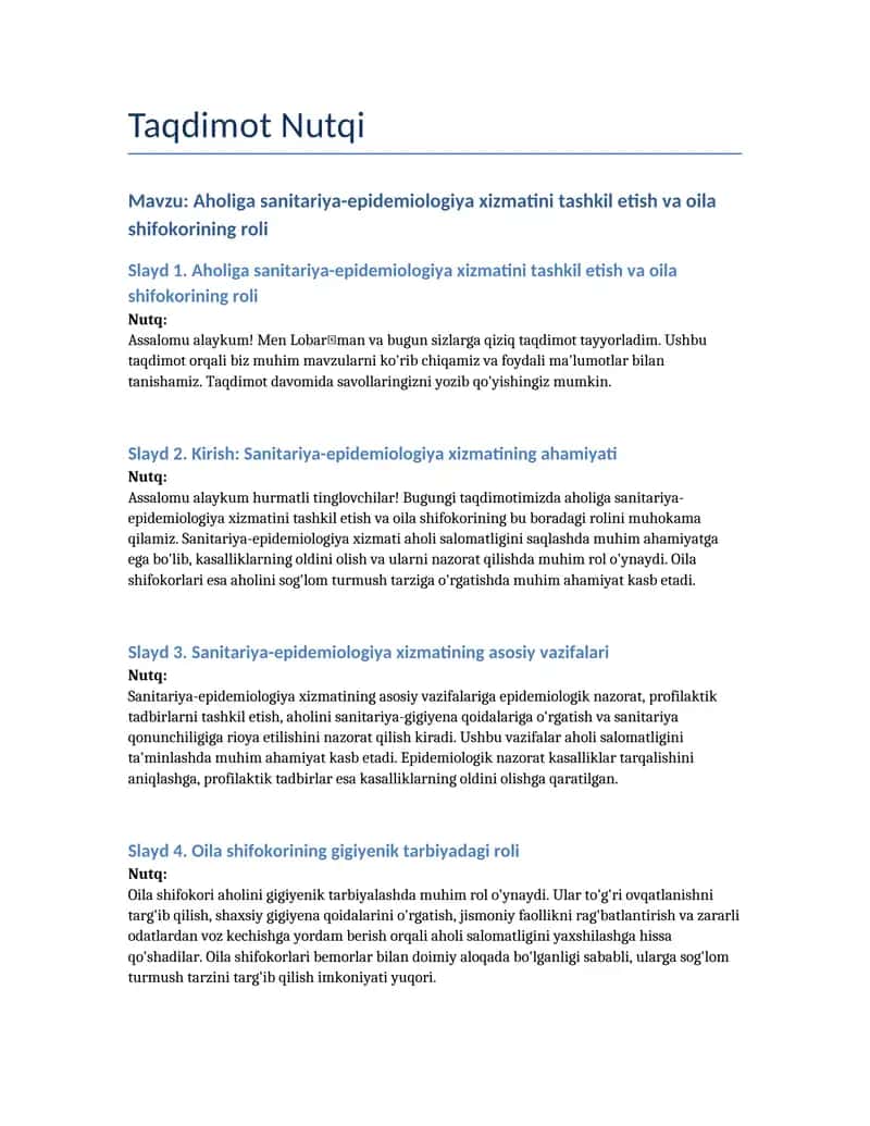 Aholiga sanitariya-epidemiologiya xizmatini tashkil etish va oila shifokorining roli