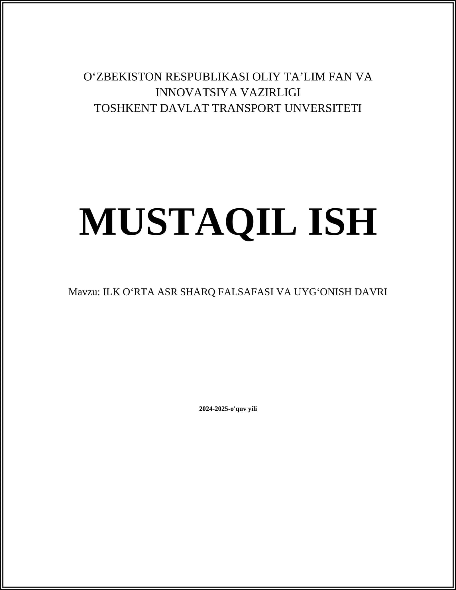 ILK OʻRTA ASR SHARQ FALSAFASI VA UYGʻONISH DAVRI