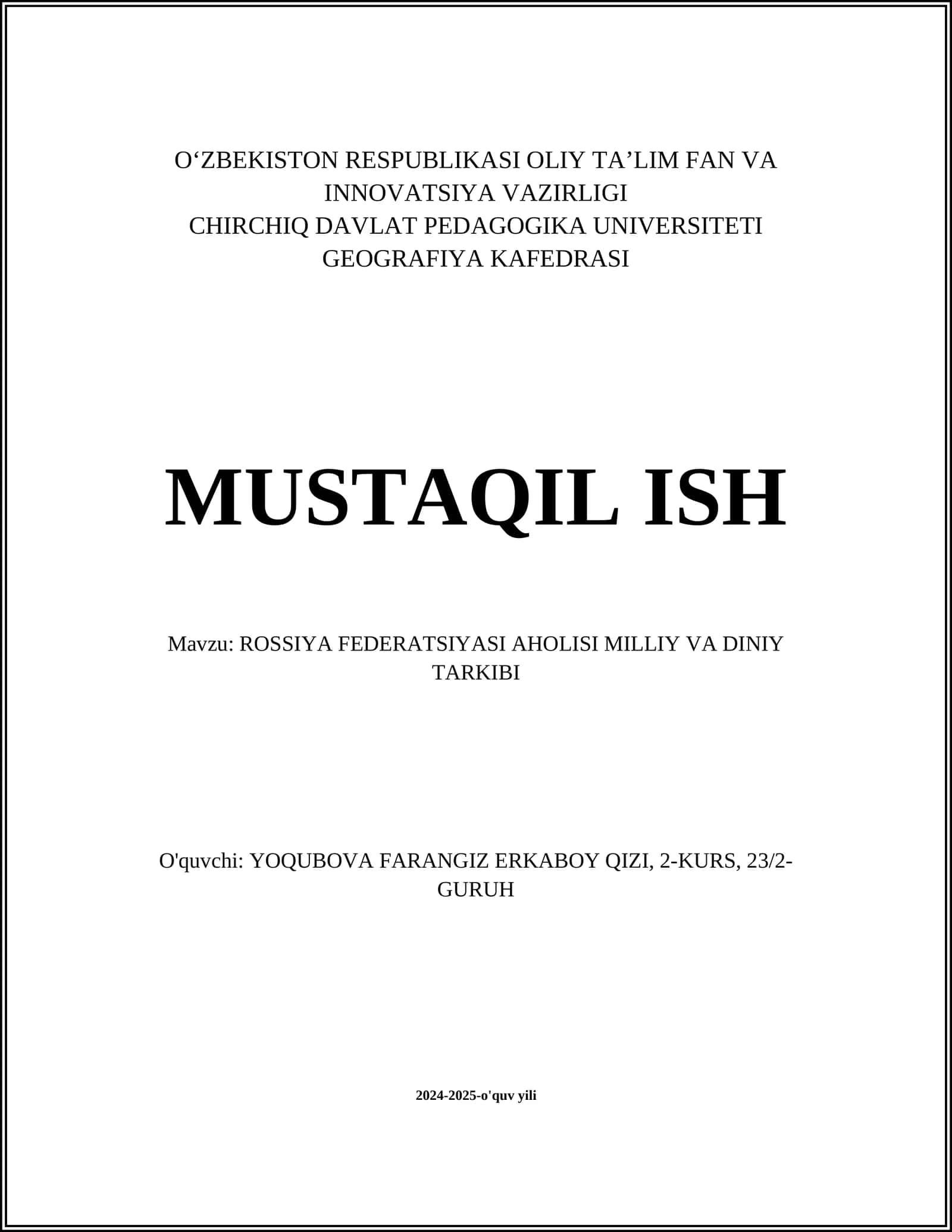 ROSSIYA FEDERATSIYASI AHOLISI MILLIY VA DINIY TARKIBI