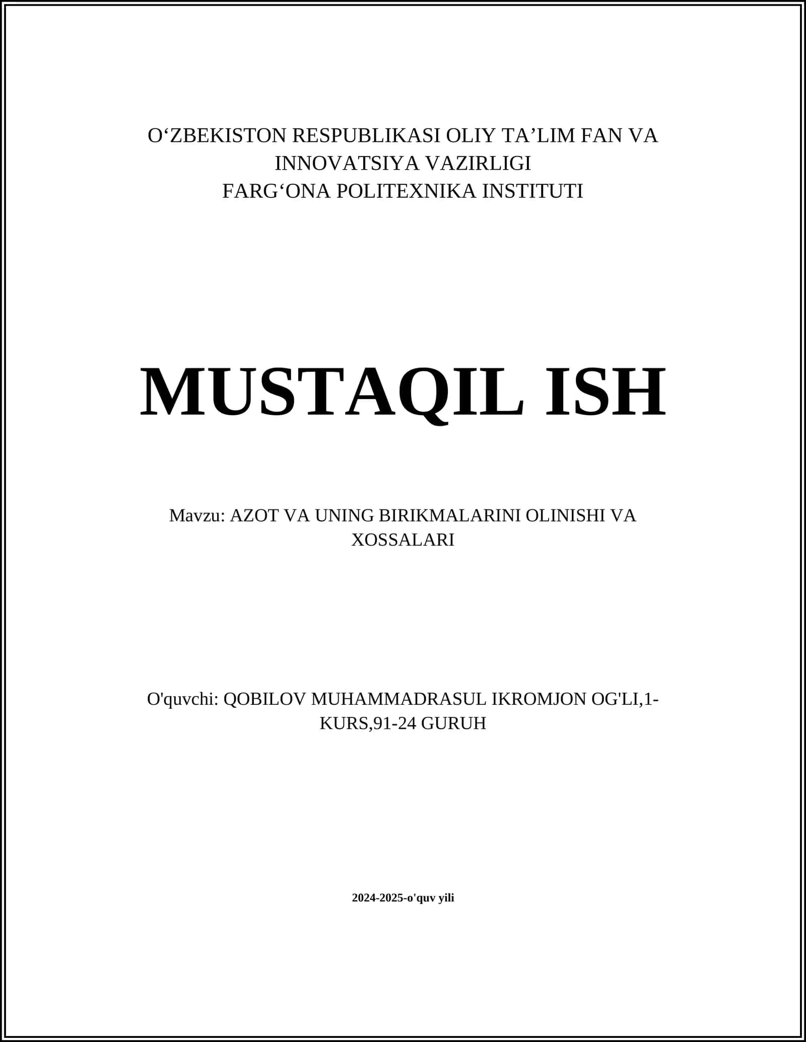 AZOT VA UNING BIRIKMALARINI OLINISHI VA XOSSALARI