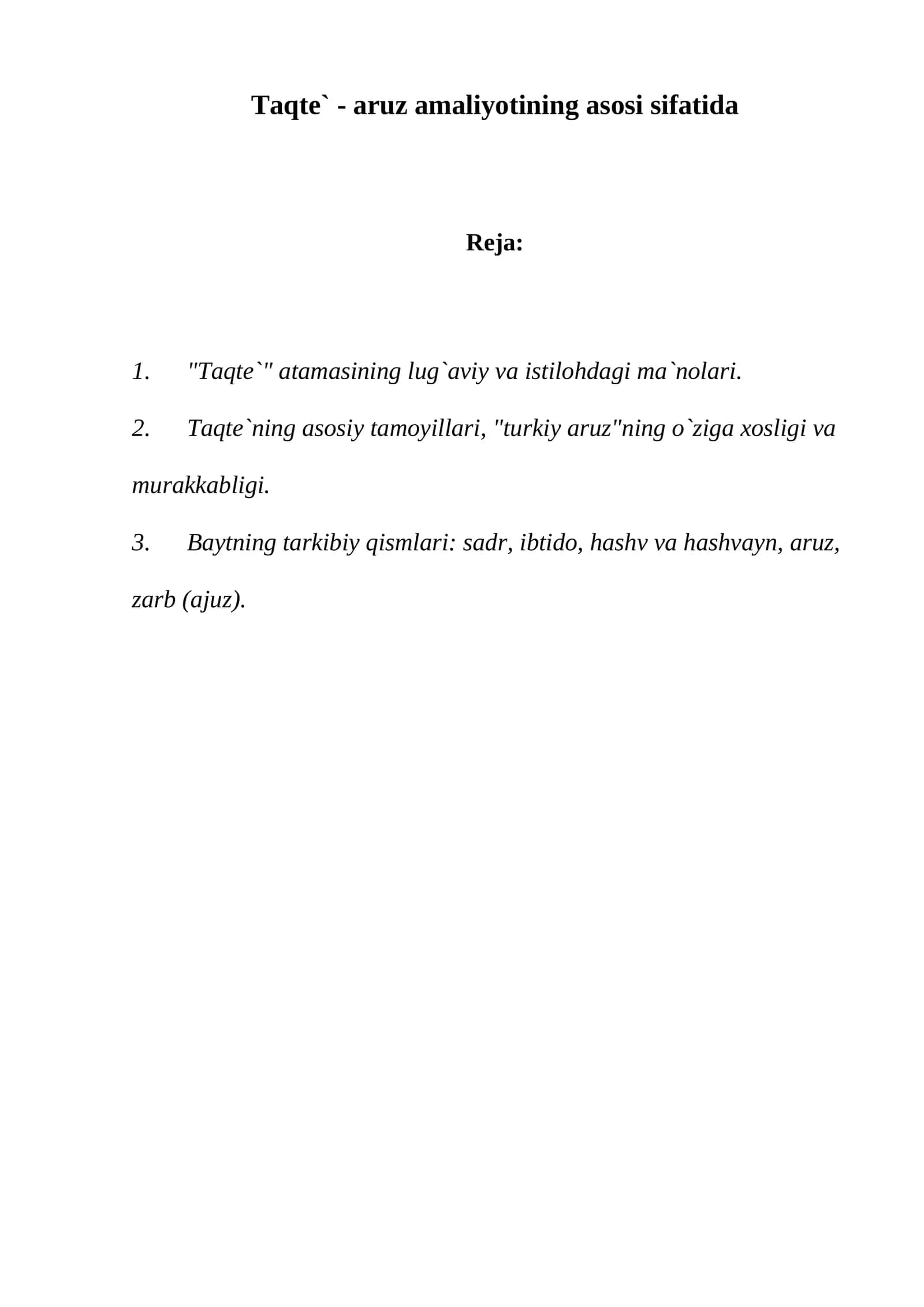 Taqte` - aruz amaliyotining asosi sifatida