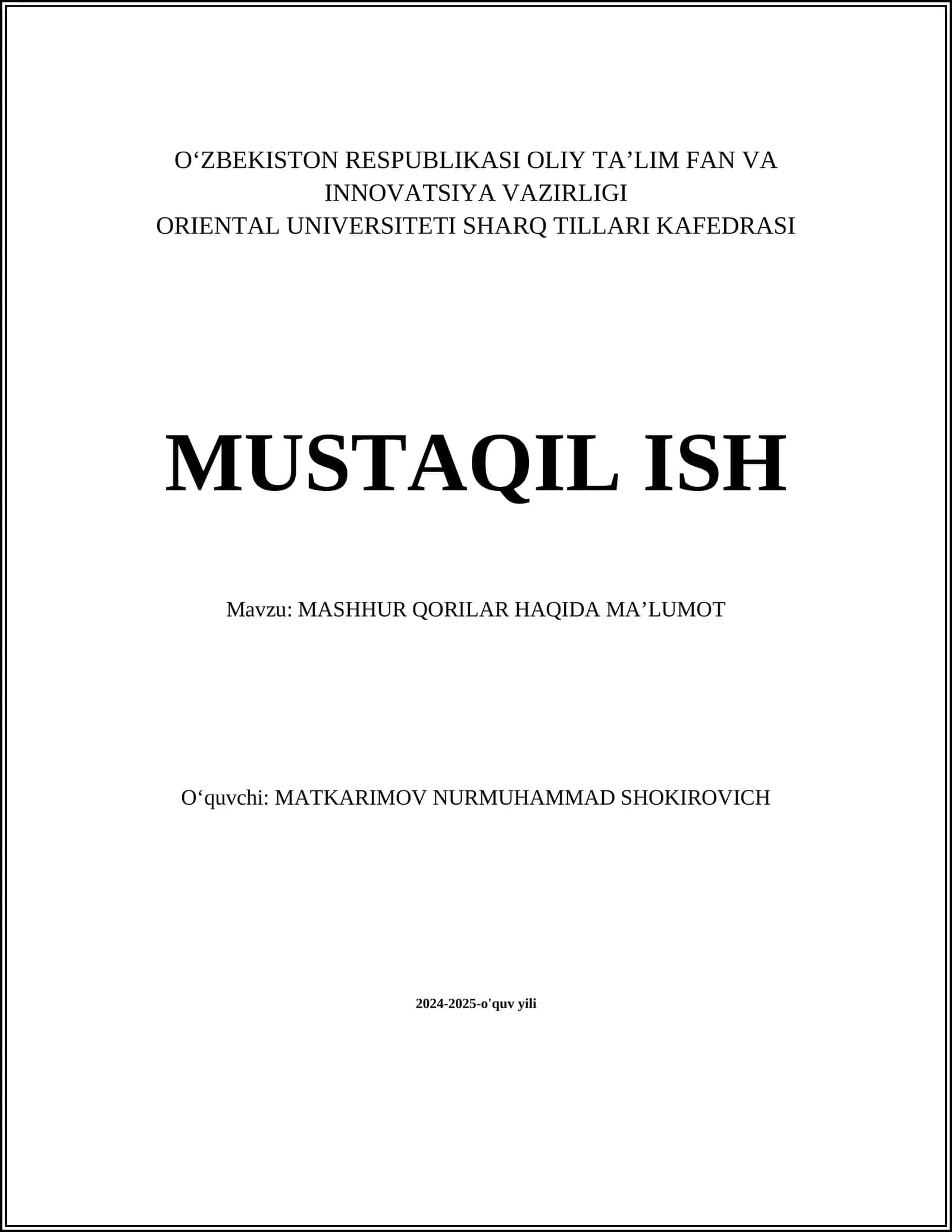 MASHHUR QORILAR HAQIDA MA’LUMOT