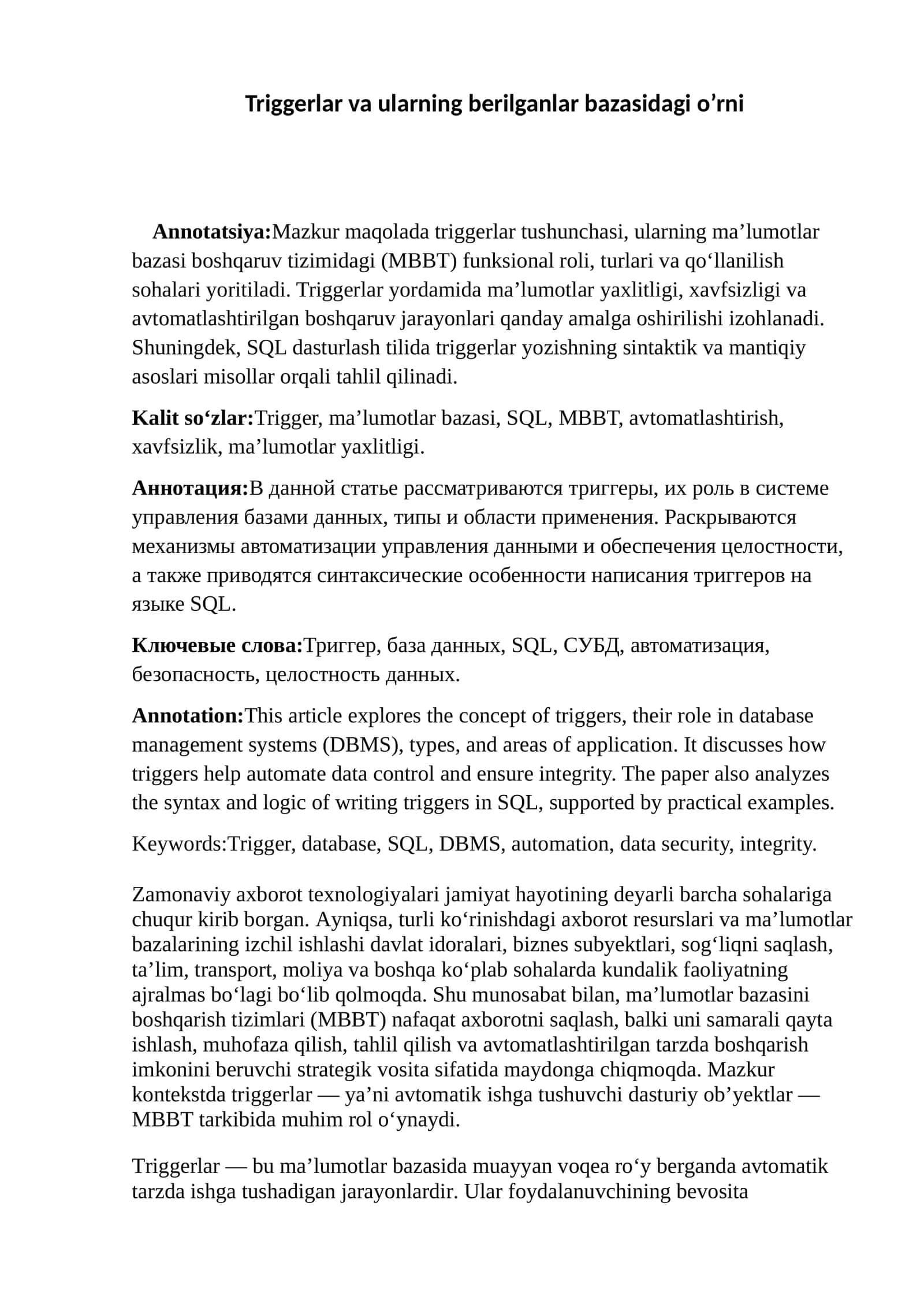 Triggerlar va ularning berilganlar bazasidagi o’rni