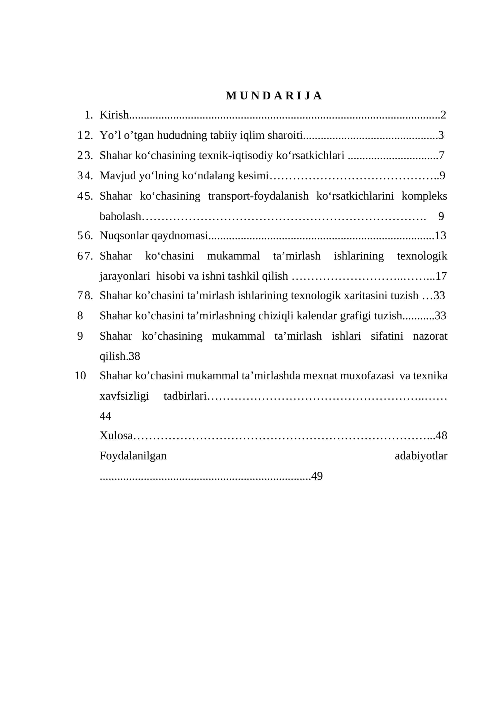 Shahar ko’chasini mukammal ta’mirlash ishlari sifatini nazorat qilish