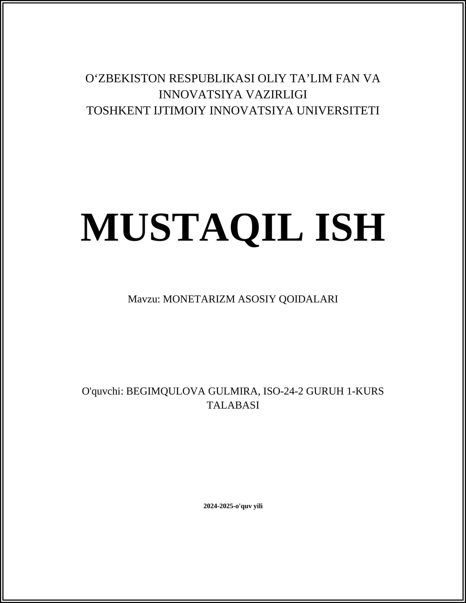 MONETARIZM ASOSIY QOIDALARI