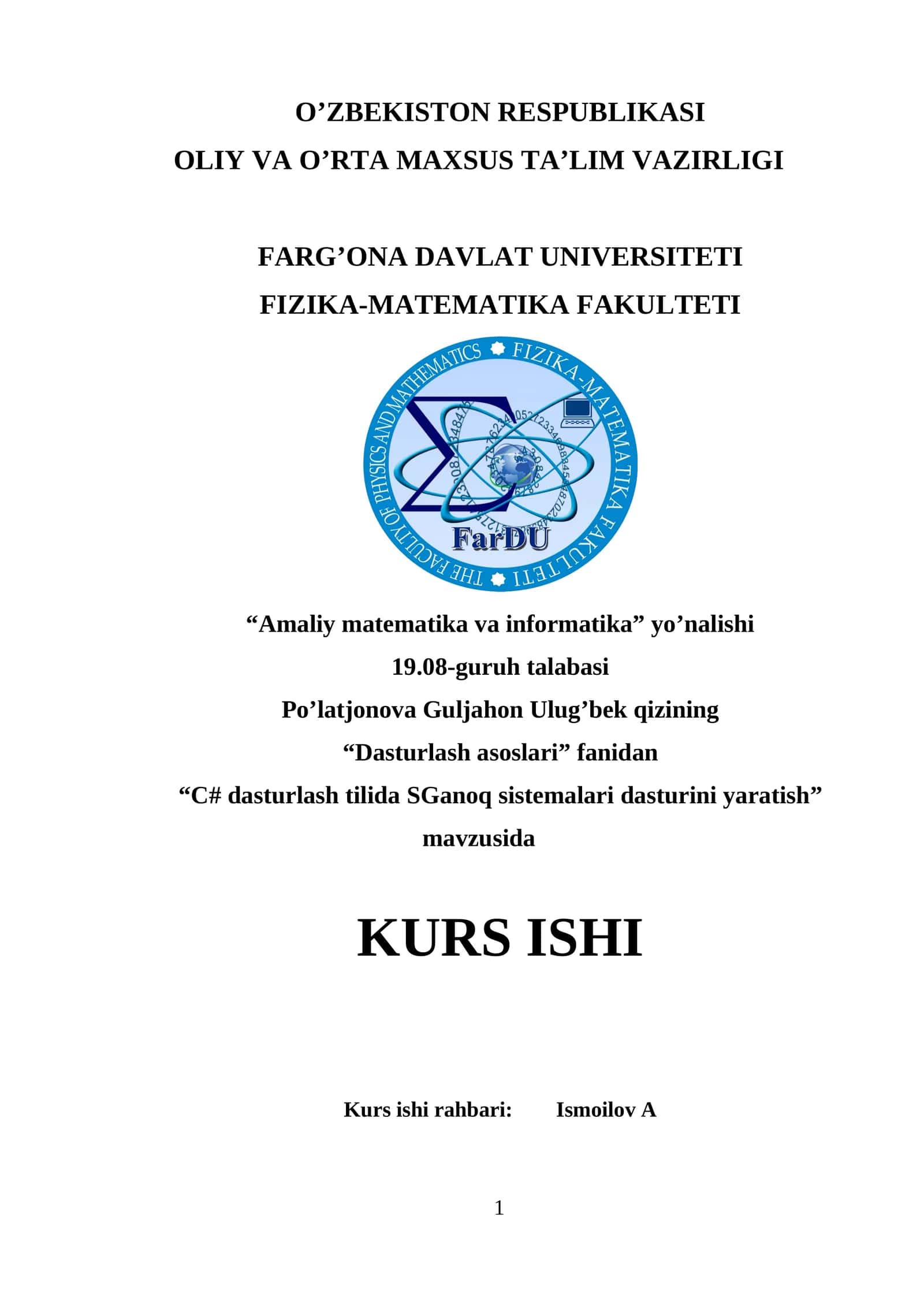 C# dasturlash tilida SGanoq sistemalari dasturini yaratish
