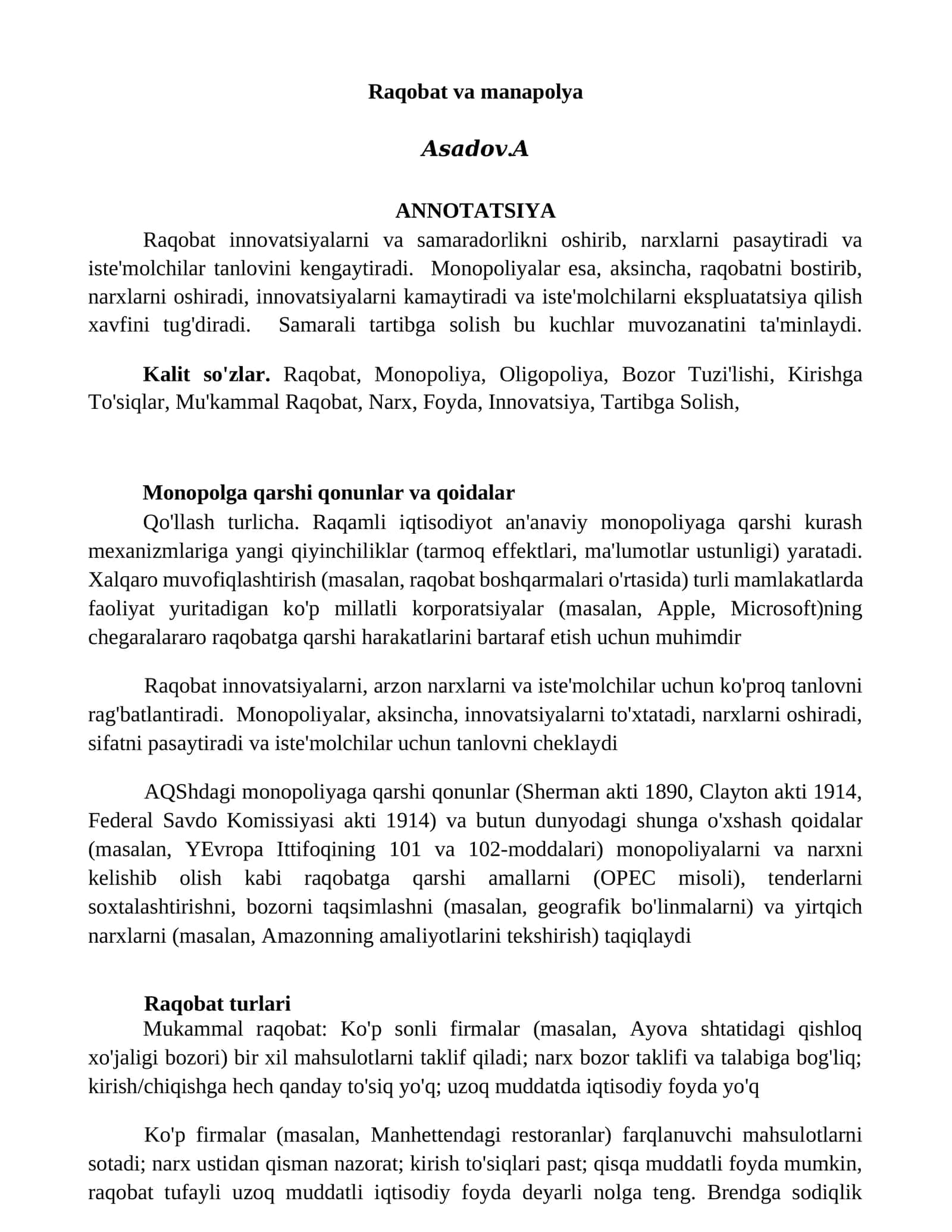 Raqobat va manapolya