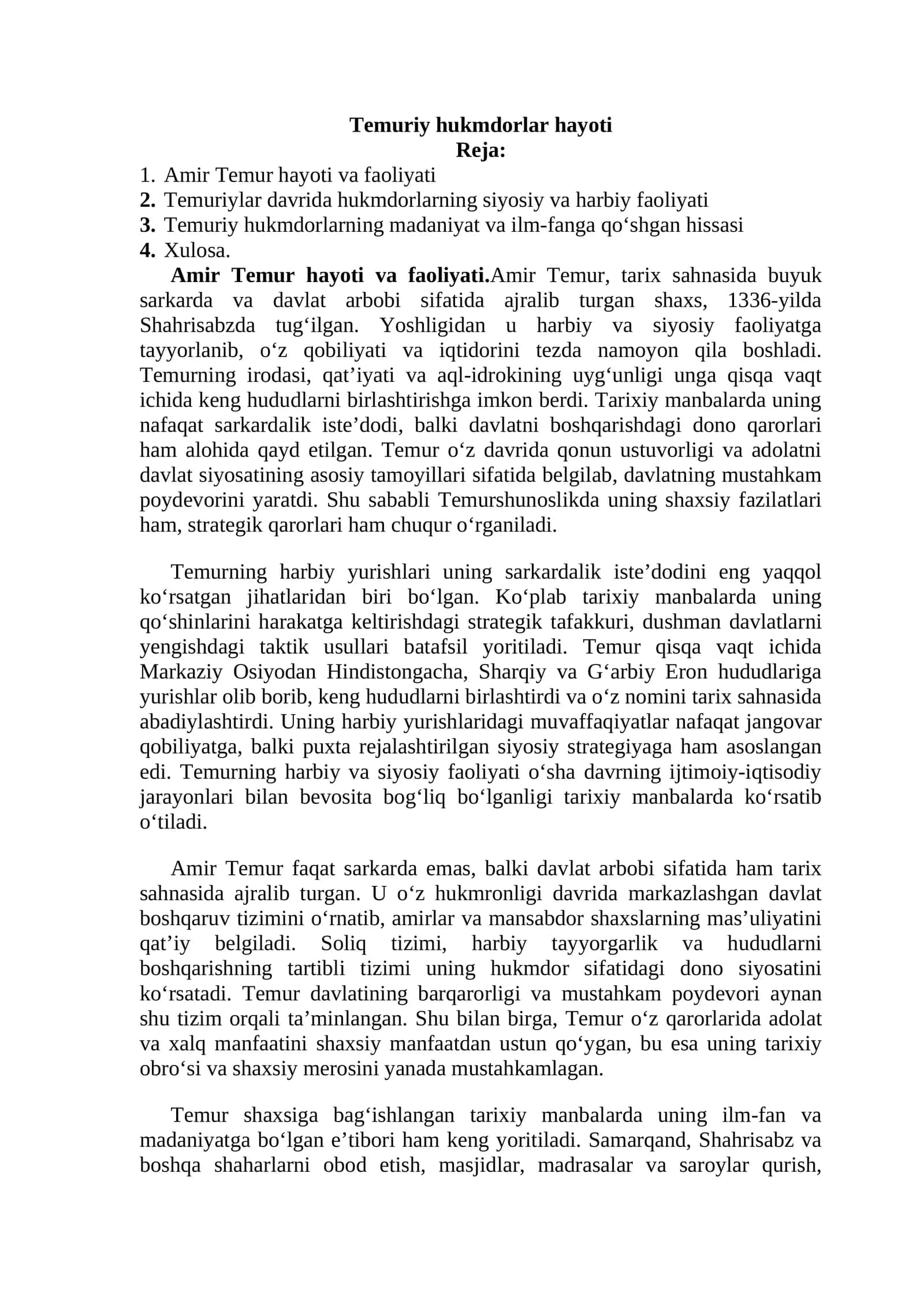 Temuriy hukmdorlar hayoti