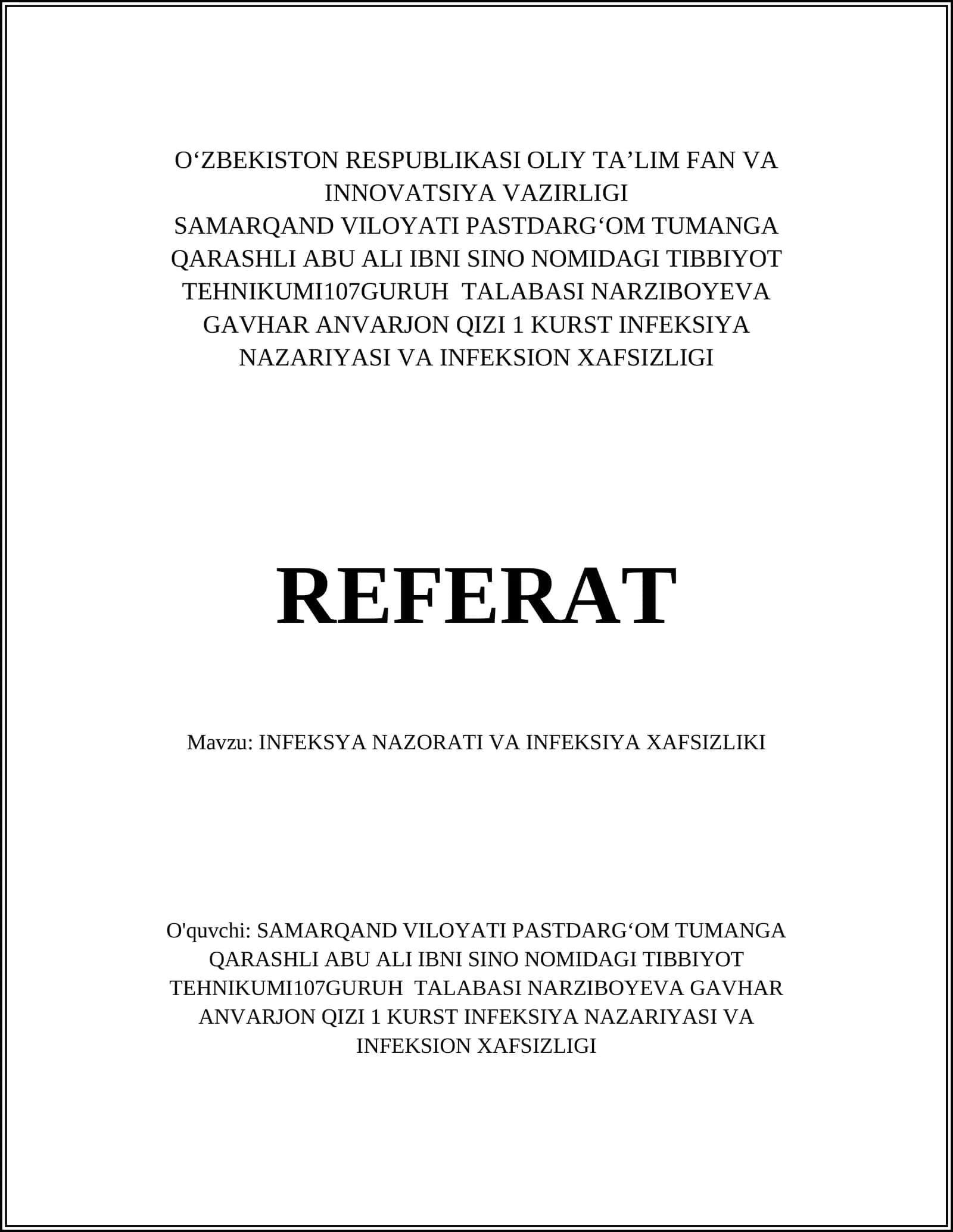 INFEKSYA NAZORATI VA INFEKSIYA XAFSIZLIKI