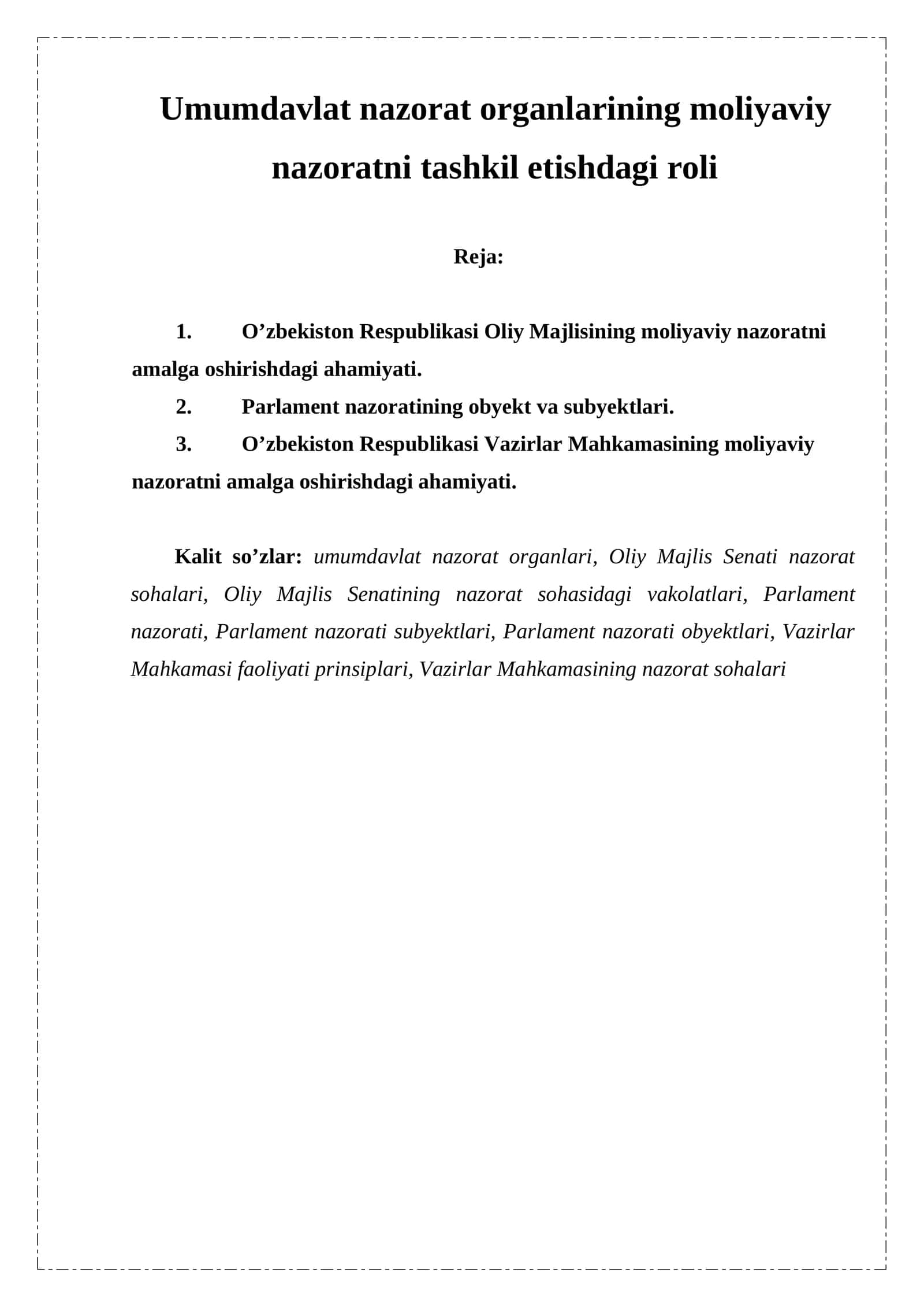 Umumdavlat nazorat organlarining moliyaviy nazoratni tashkil etishdagi roli