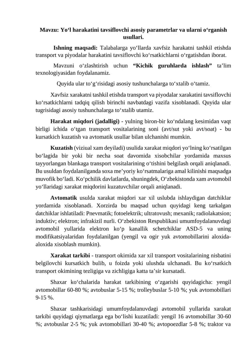 Yo‘l harakatini tavsiflovchi asosiy parametrlar va ularni o‘rganish usullari.