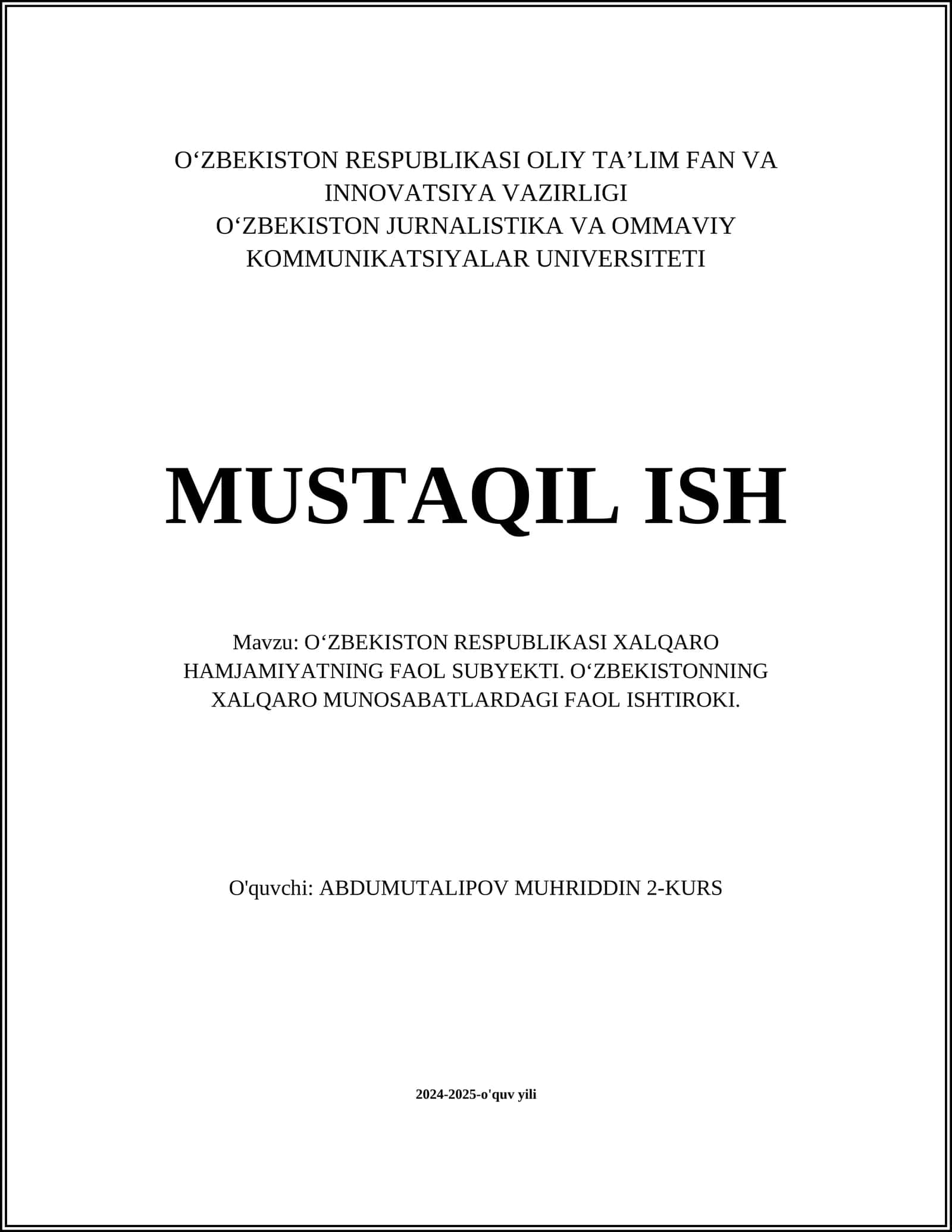 O'zbekiston Respublikasi Tashqi Siyosati