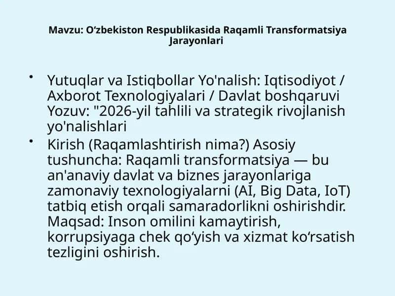 O‘zbekiston Respublikasida Raqamli Transformatsiya Jarayonlari