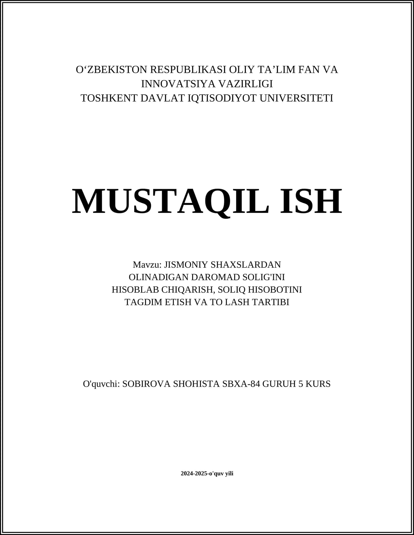 Jismoniy shaxslardan oladigan daromad solig'ini hisoblab chiqarish