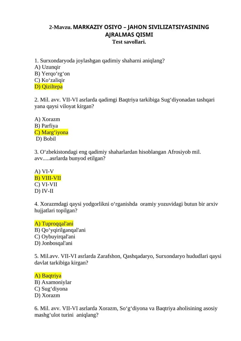 MARKAZIY OSIYO – JAHON SIVILIZATSIYASINING AJRALMAS QISMI Test savollari