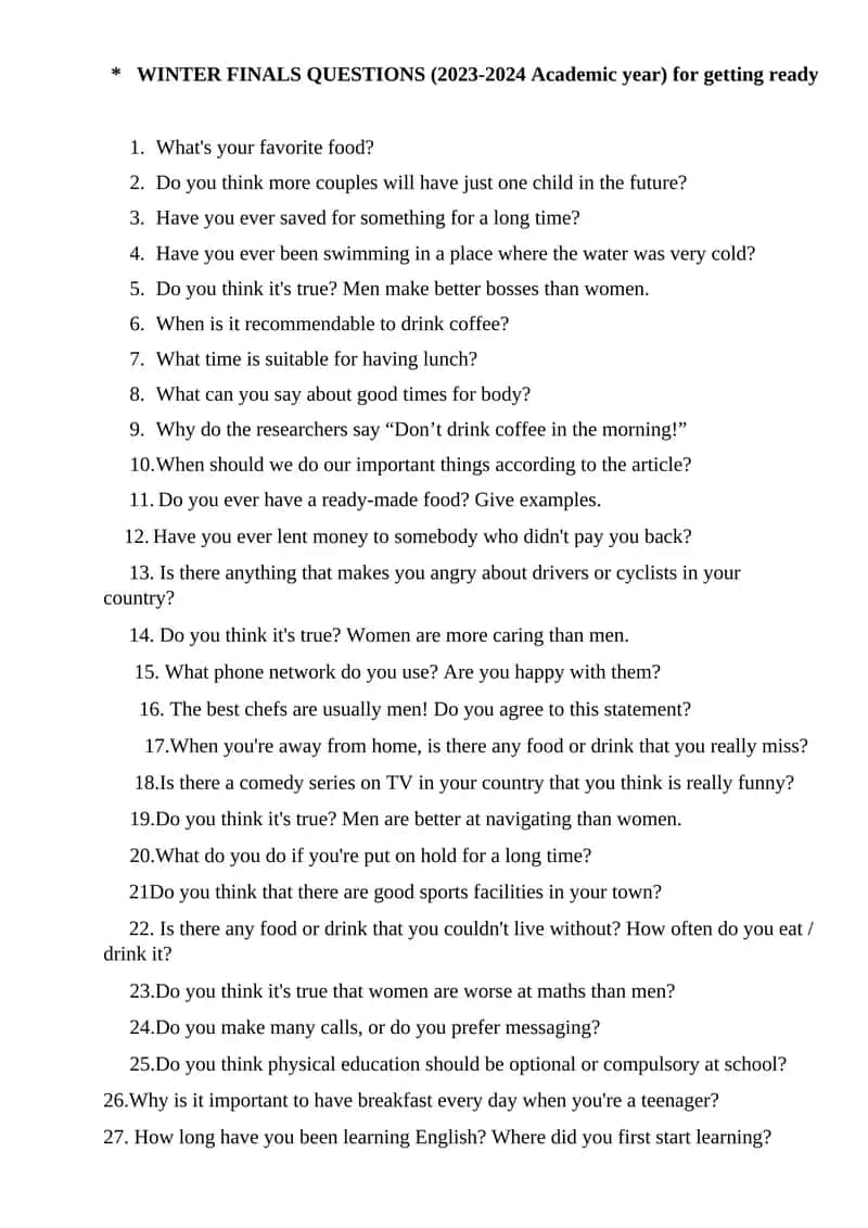 WINTER FINALS QUESTIONS (2023-2024 Academic year)