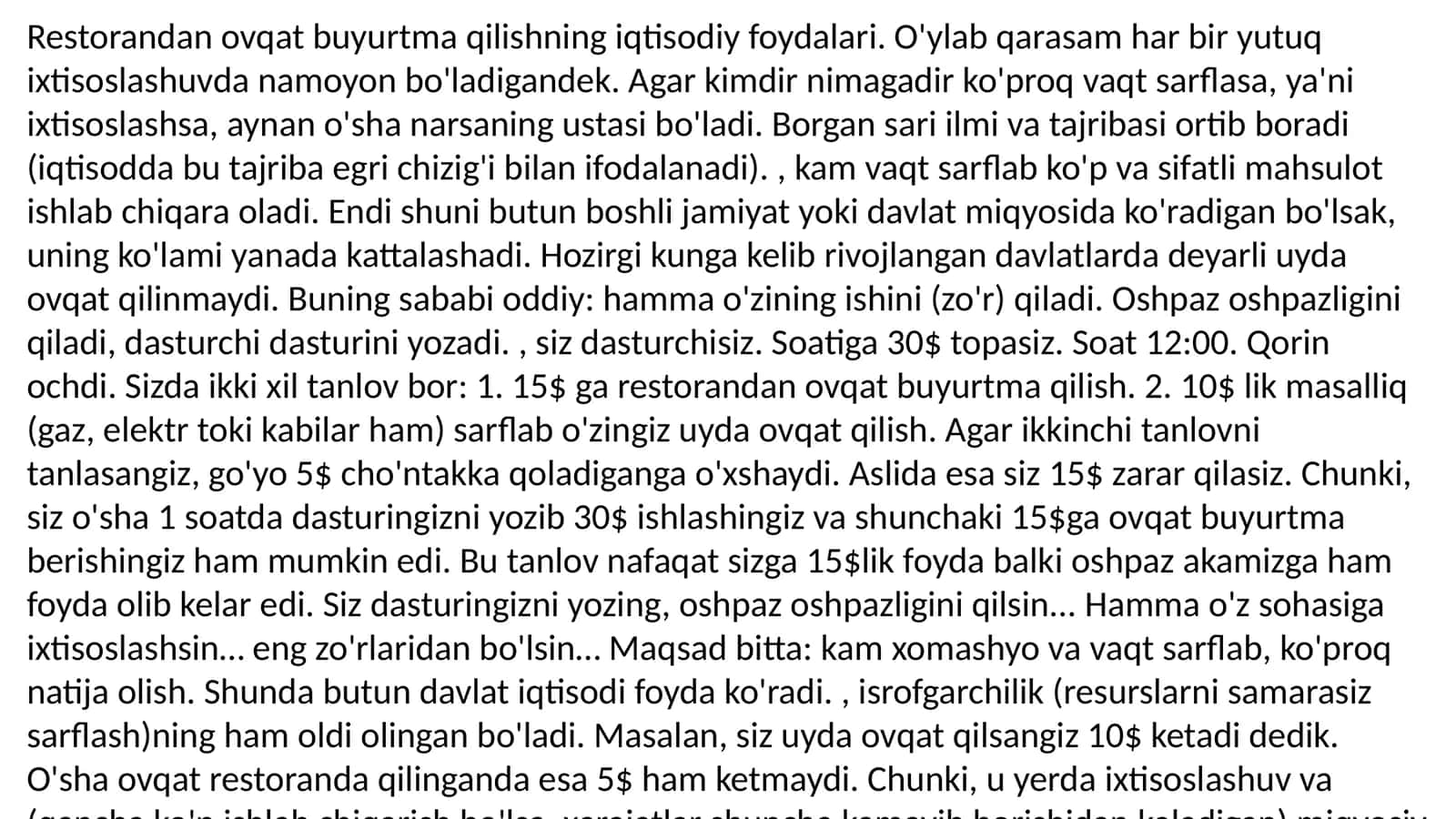 Restorandan ovqat buyurtma qilishning iqtisodiy foydalari