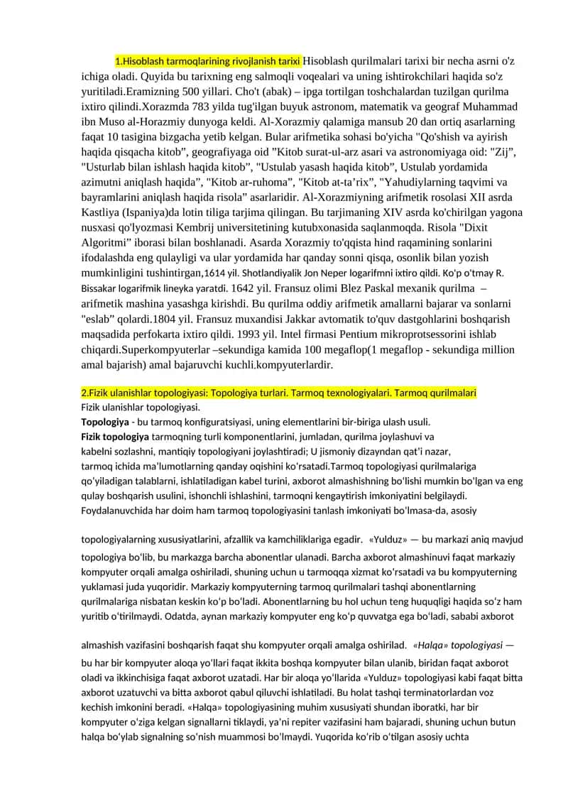 Hisoblash tarmoqlarining rivojlanish tarixi