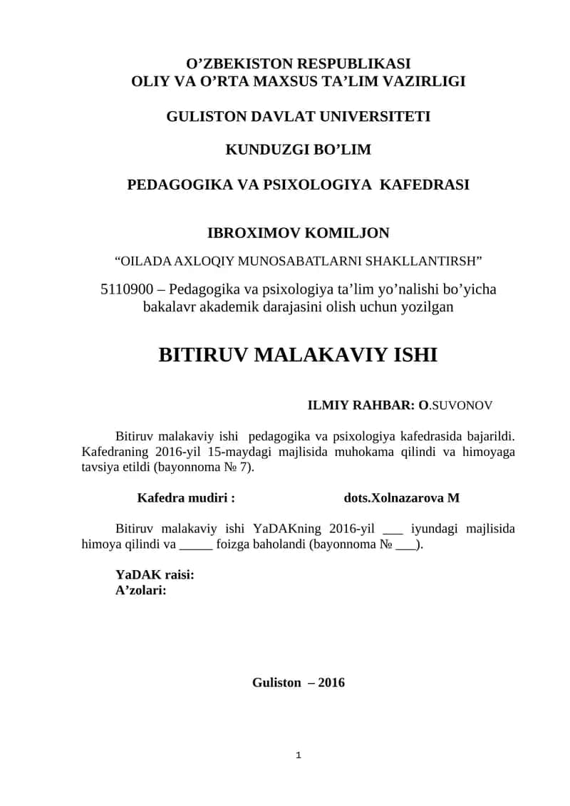 "OILADA AXLOQIY MUNOSABATLARNI SHAKLLANTIRSH"