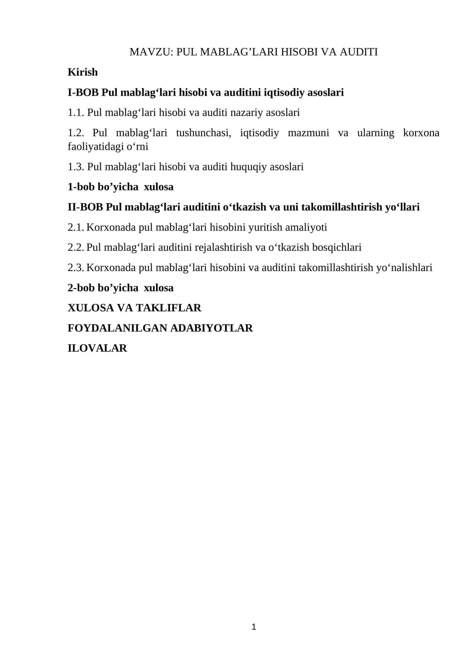 PUL MABLAG’LARI HISOBI VA AUDITI