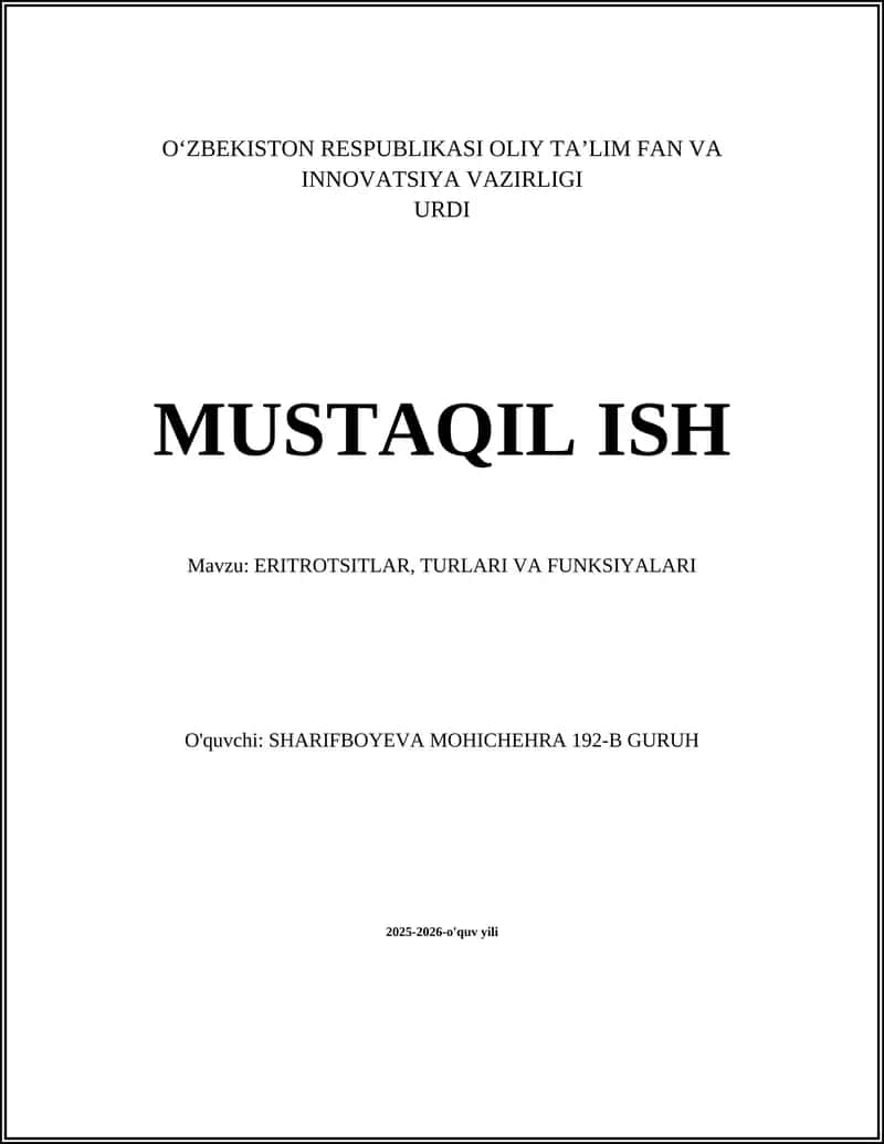 ERITROTSITLAR, TURLARI VA FUNKSIYALARI