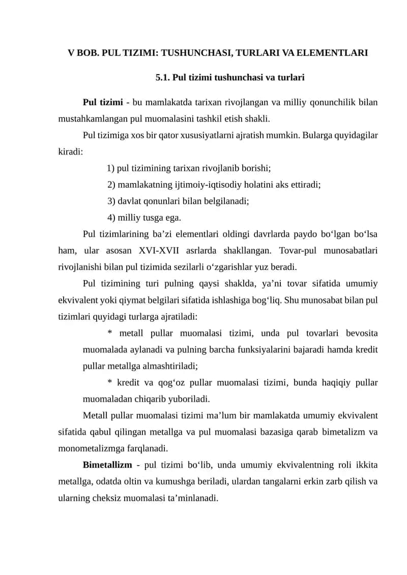 PUL TIZIMI: TUSHUNCHASI, TURLARI VA ELEMENTLARI