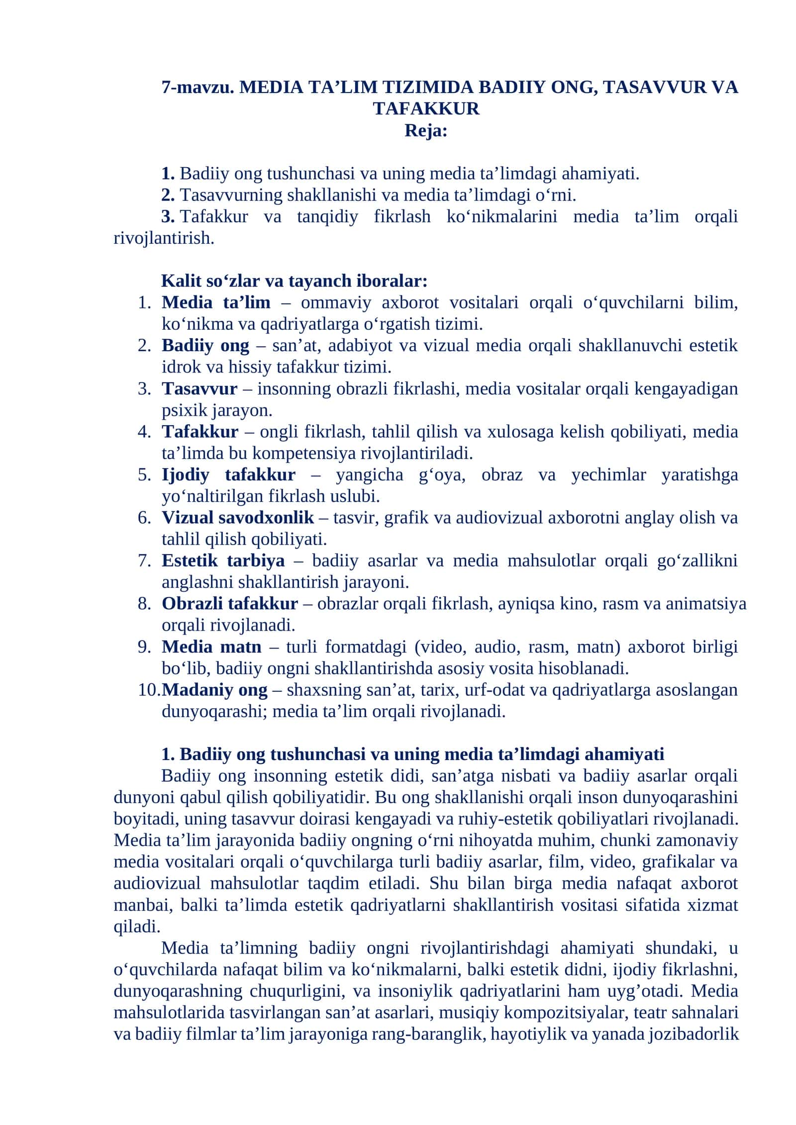 MEDIA TA’LIM TIZIMIDA BADIIY ONG, TASAVVUR VA TAFAKKUR