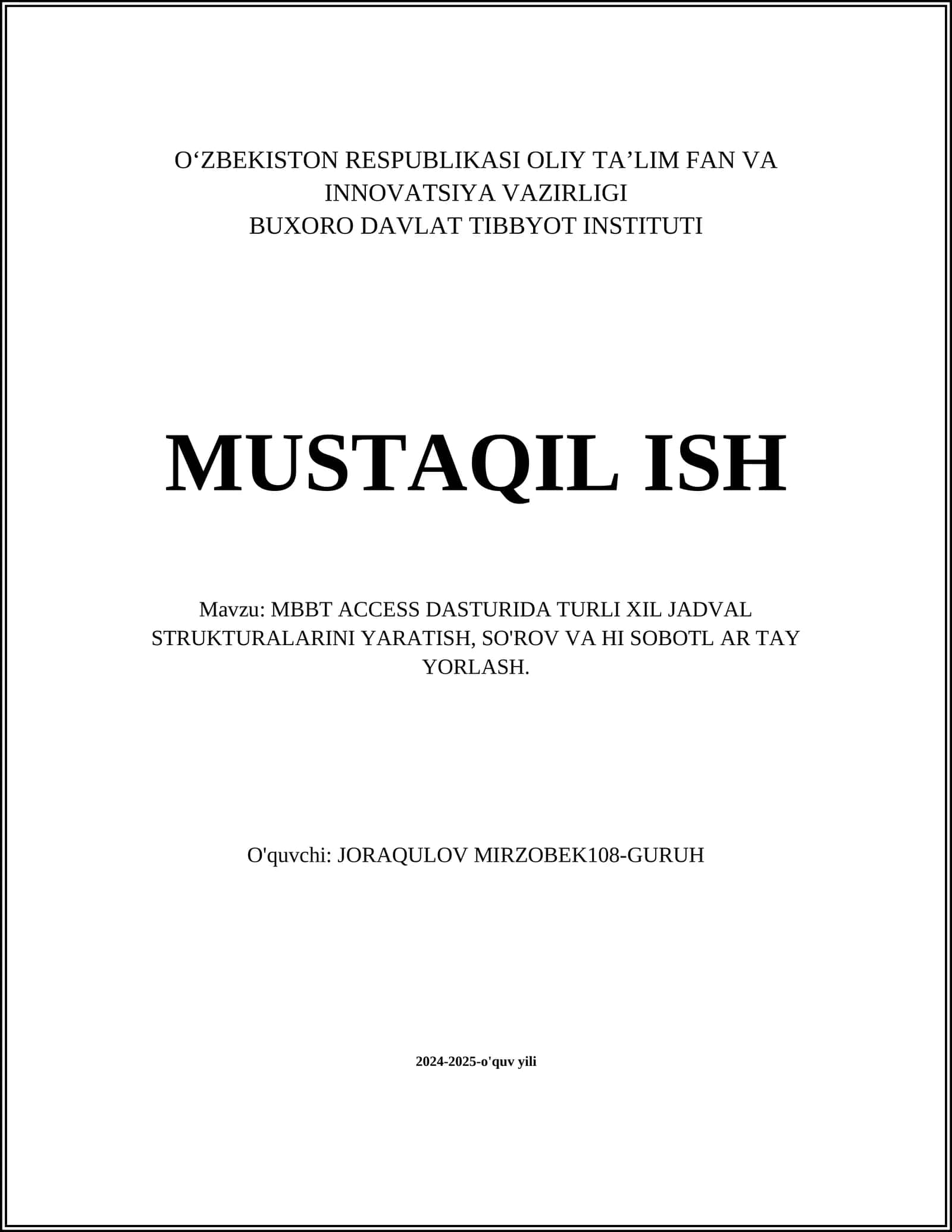 MBBT kirish va ma'lumotlar bazasi dizayni