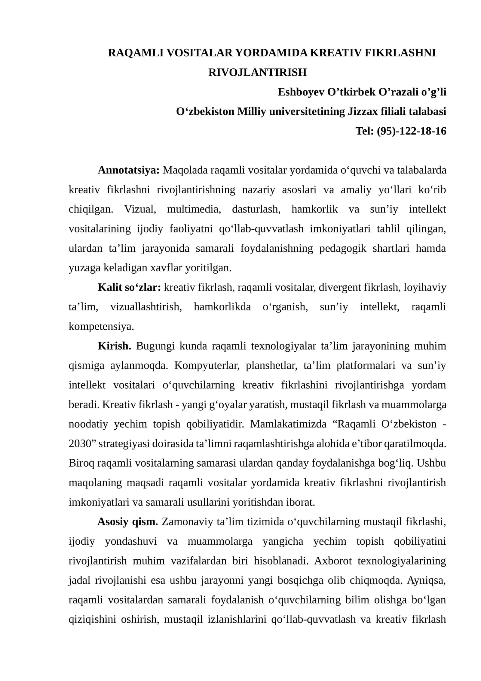 RAQAMLI VOSITALAR YORDAMIDA KREATIV FIKRLASHNI RIVOJLANTIRISH