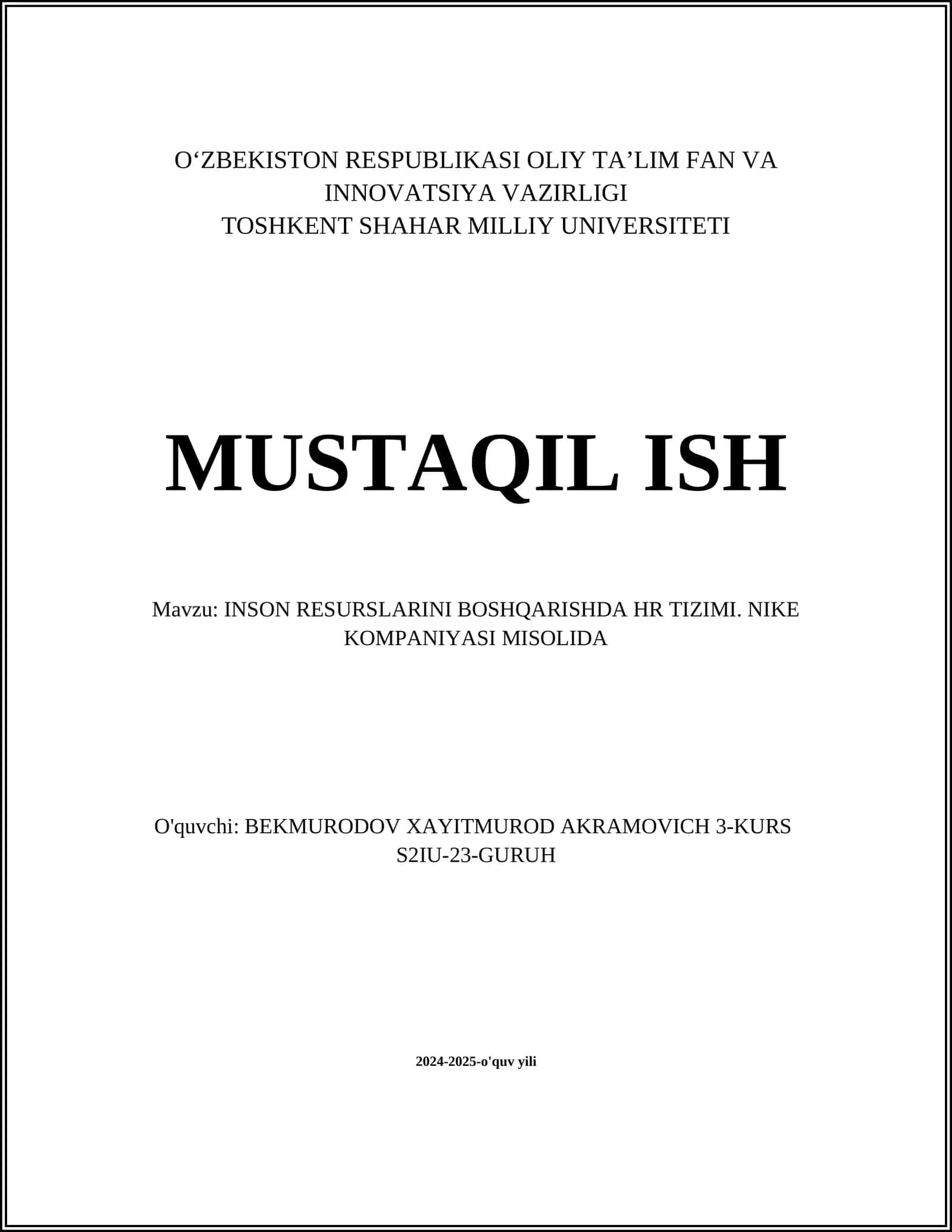 INSON RESURSLARINI BOSHQARISHDA HR TIZIMI. NIKE KOMPANIYASI MISOLIDA