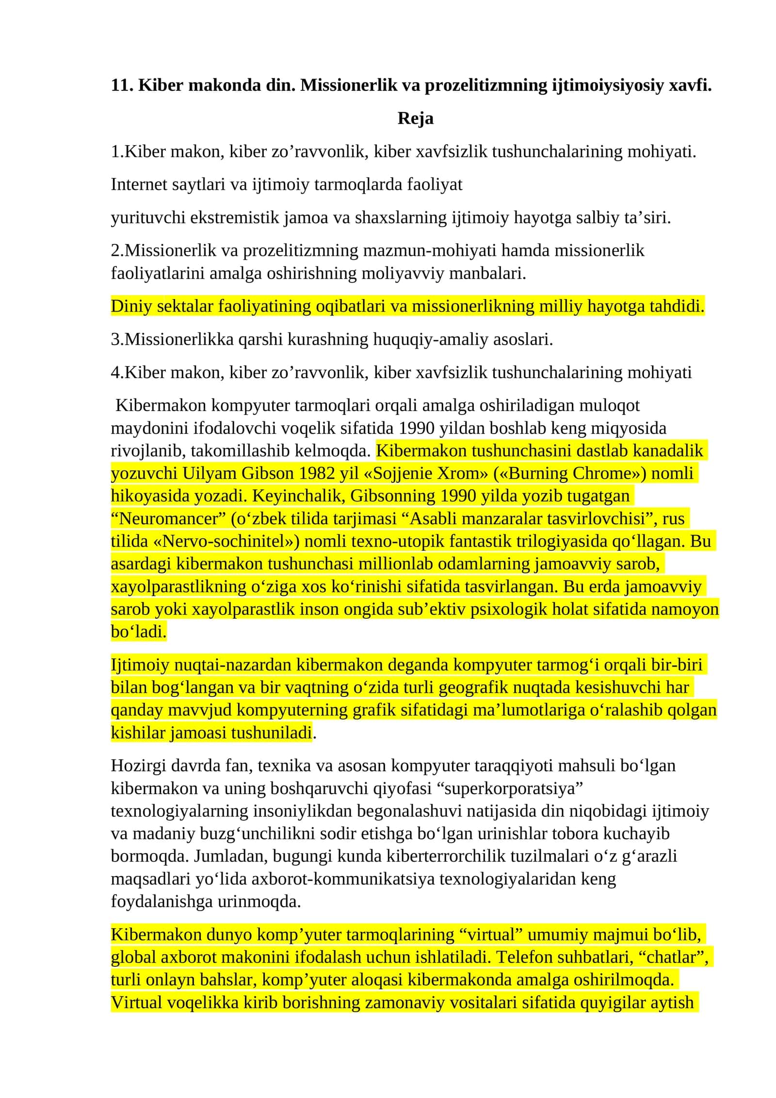 Kiber makonda din. Missionerlik va prozelitizmning ijtimoiysiyosiy xavfi