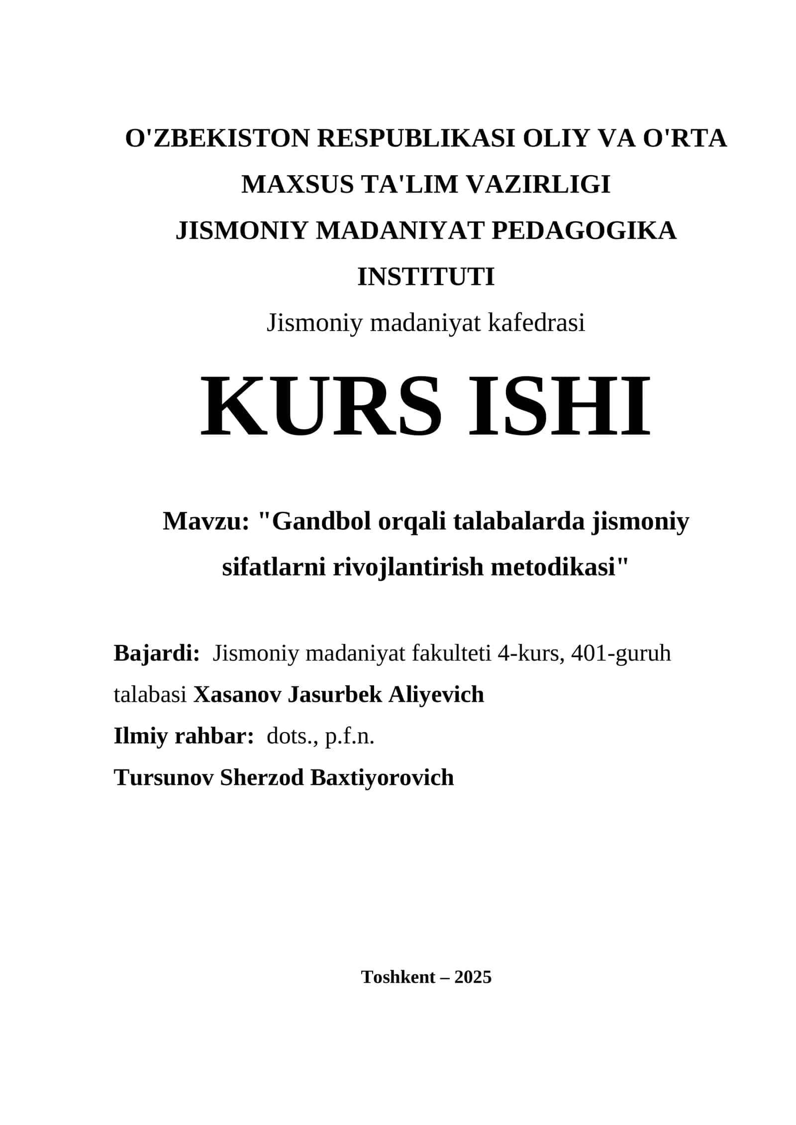 "Gandbol orqali talabalarda jismoniy sifatlarni rivojlantirish metodikasi"