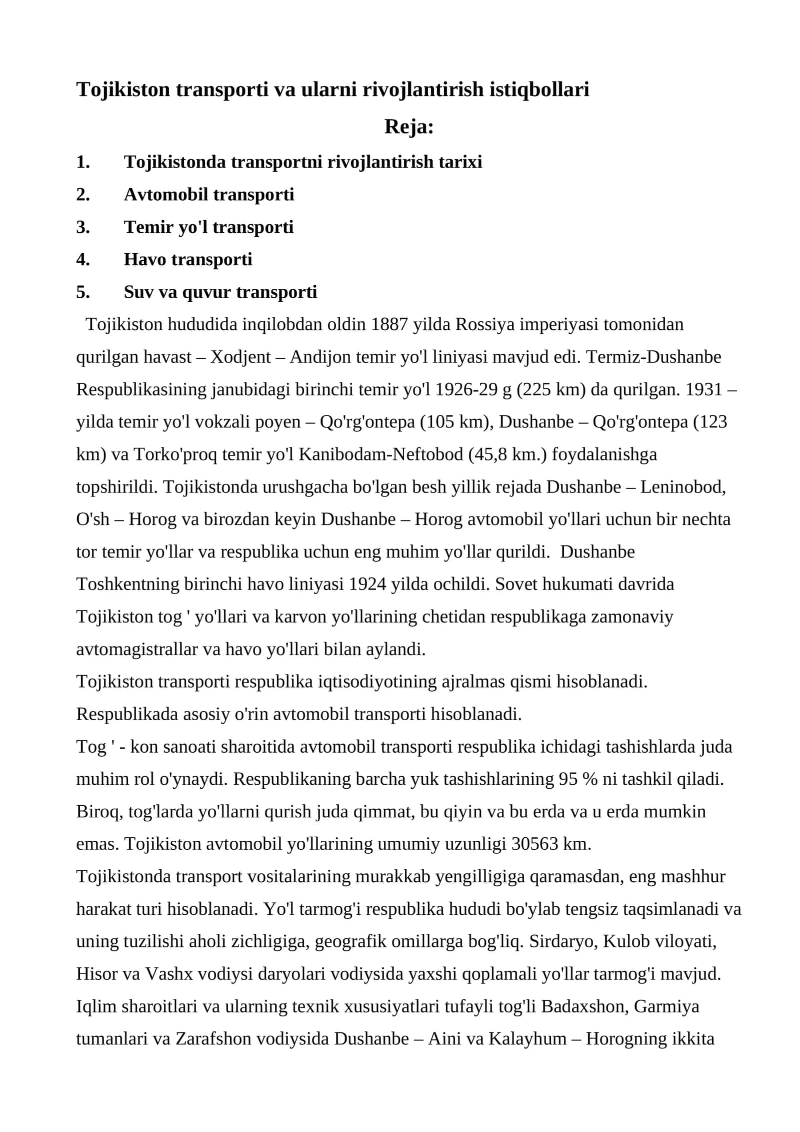 Tojikiston transporti va ularni rivojlantirish istiqbollari