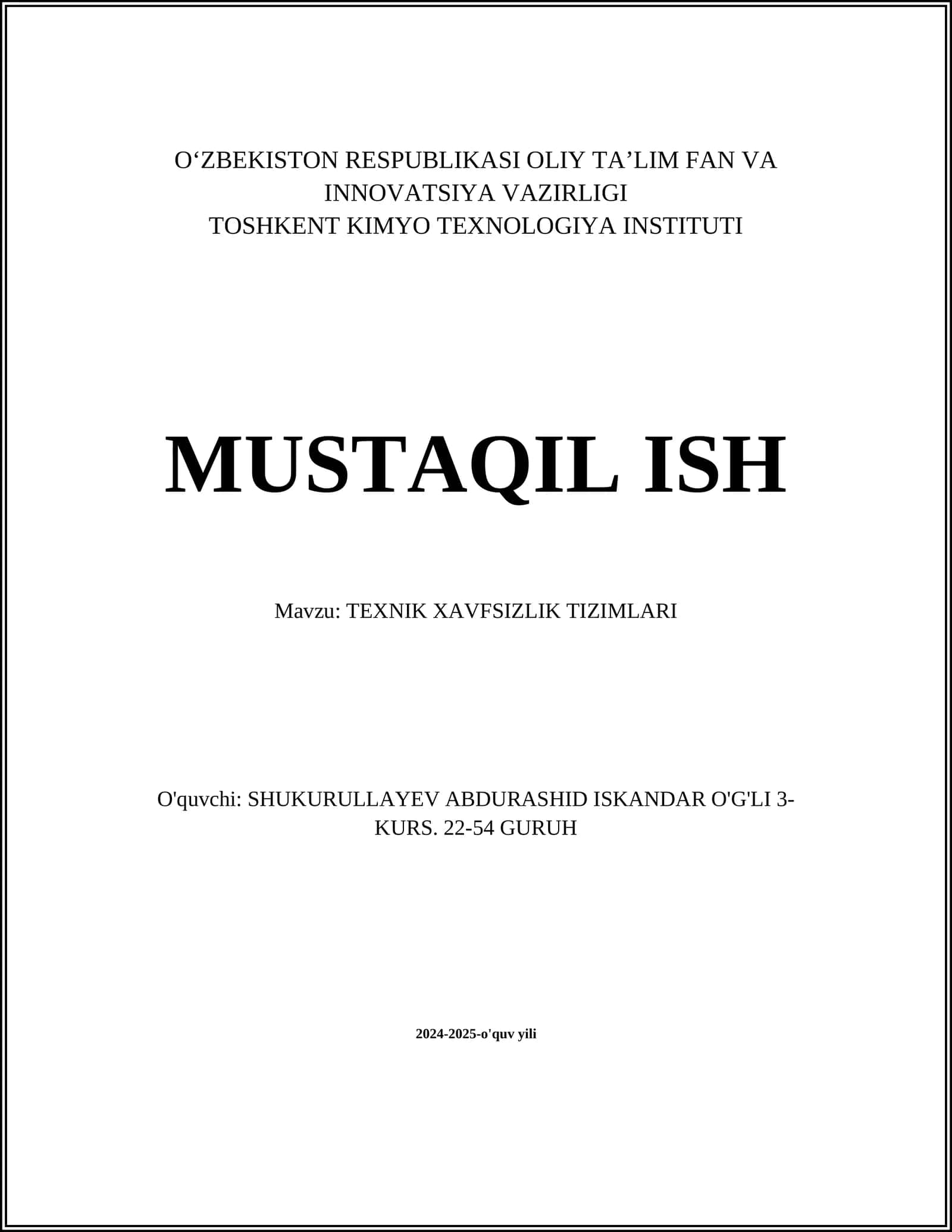 TEXNIK XAVFSIZLIK TIZIMLARI