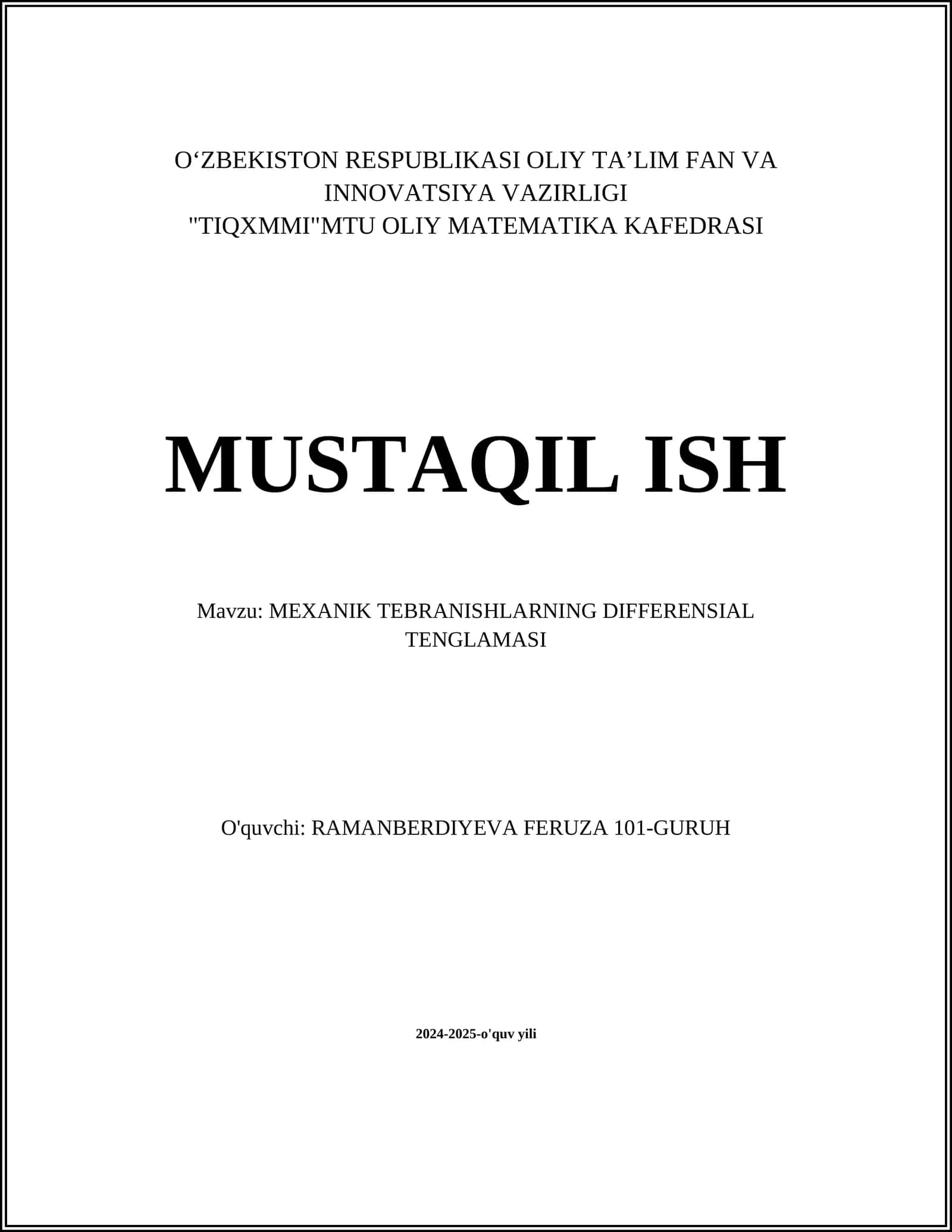 MEXANIK TEBRANISHLARNING DIFFERENSIAL TENGLAMASI