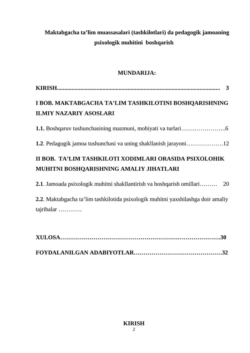 Maktabgacha ta’lim muassasalari (tashkilotlari) da pedagogik jamoaning psixologik muhitini  boshqarish