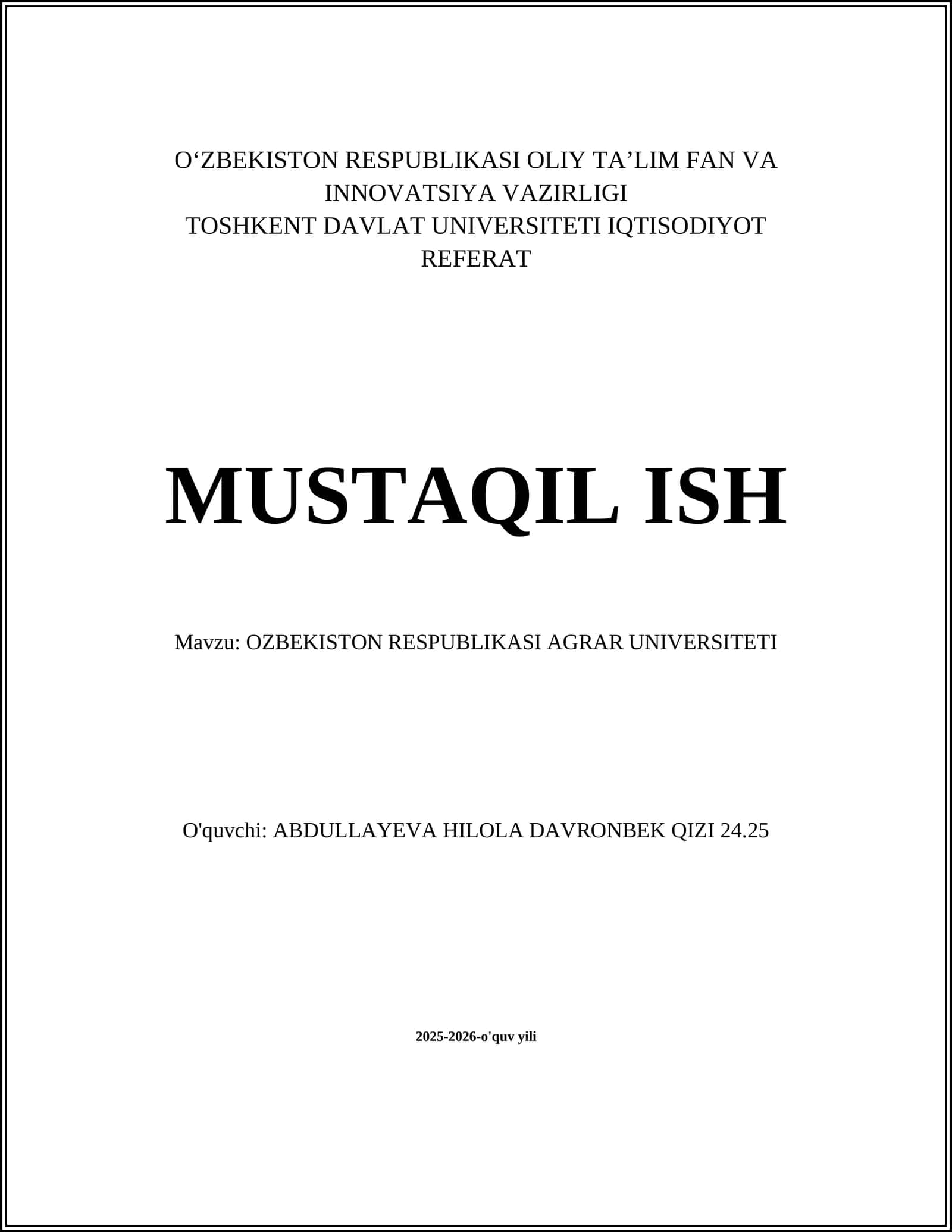 Oʻzbekiston Respublikasi Agrar Universiteti Referat