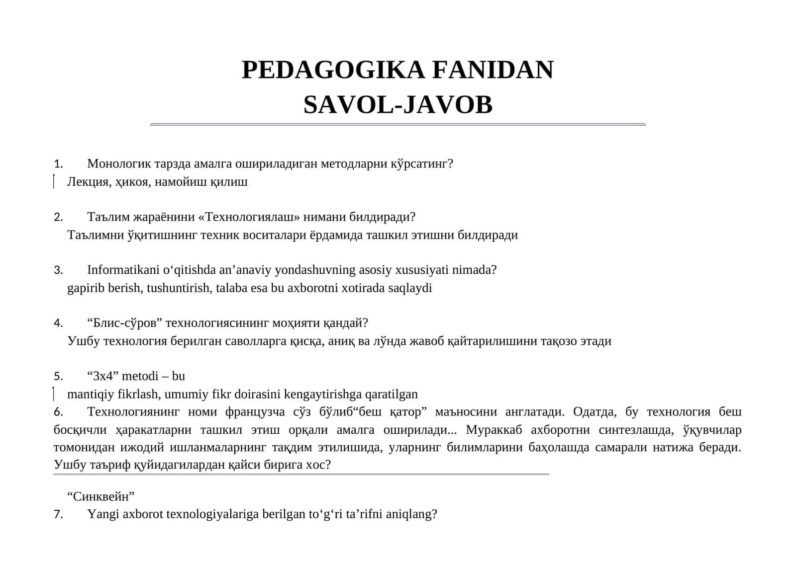 PEDAGOGIKA FANIDAN SAVOL-JAVOB