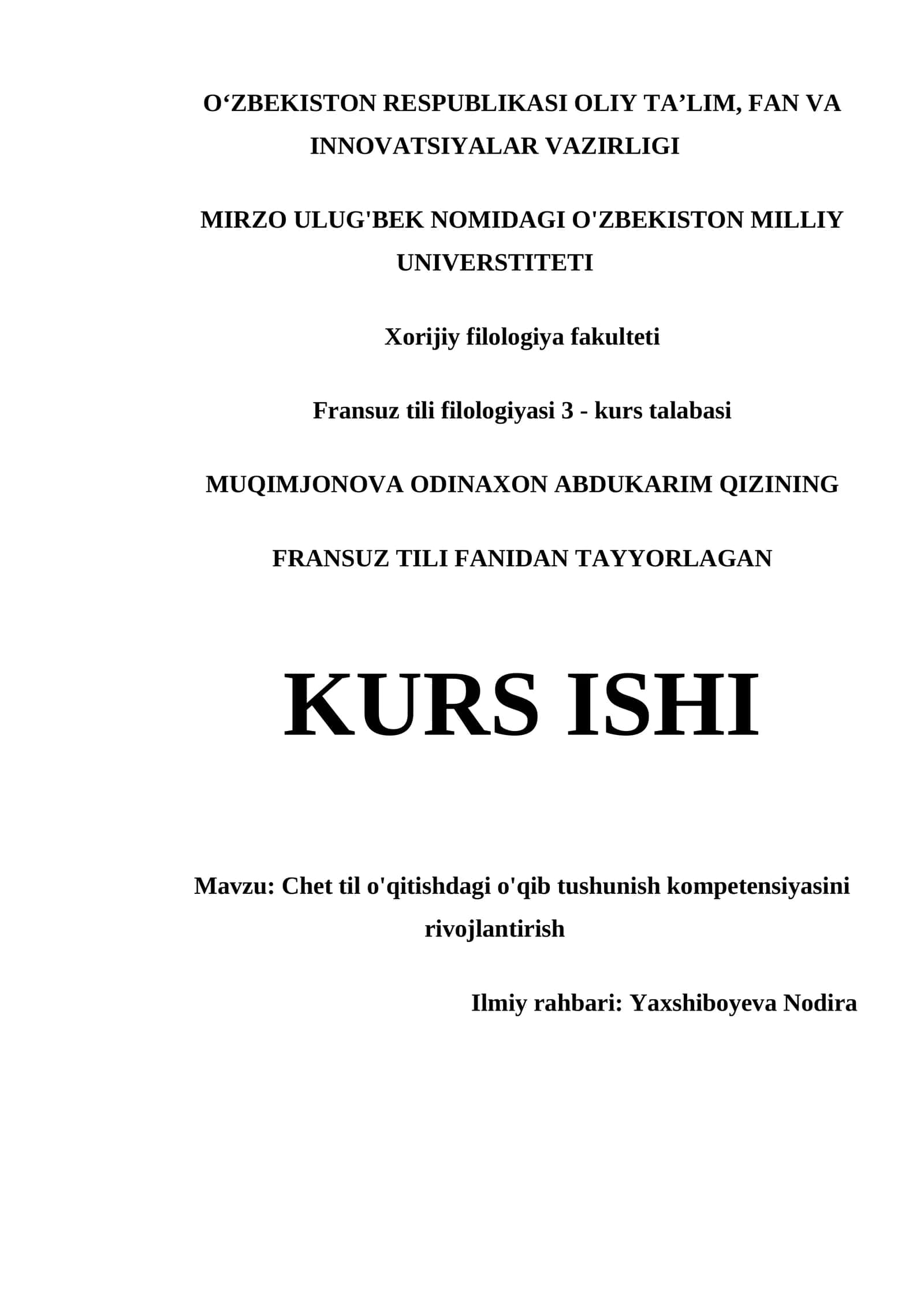 FRANSUZ TILI FANIDAN TAYYORLAGAN KURS ISHI
