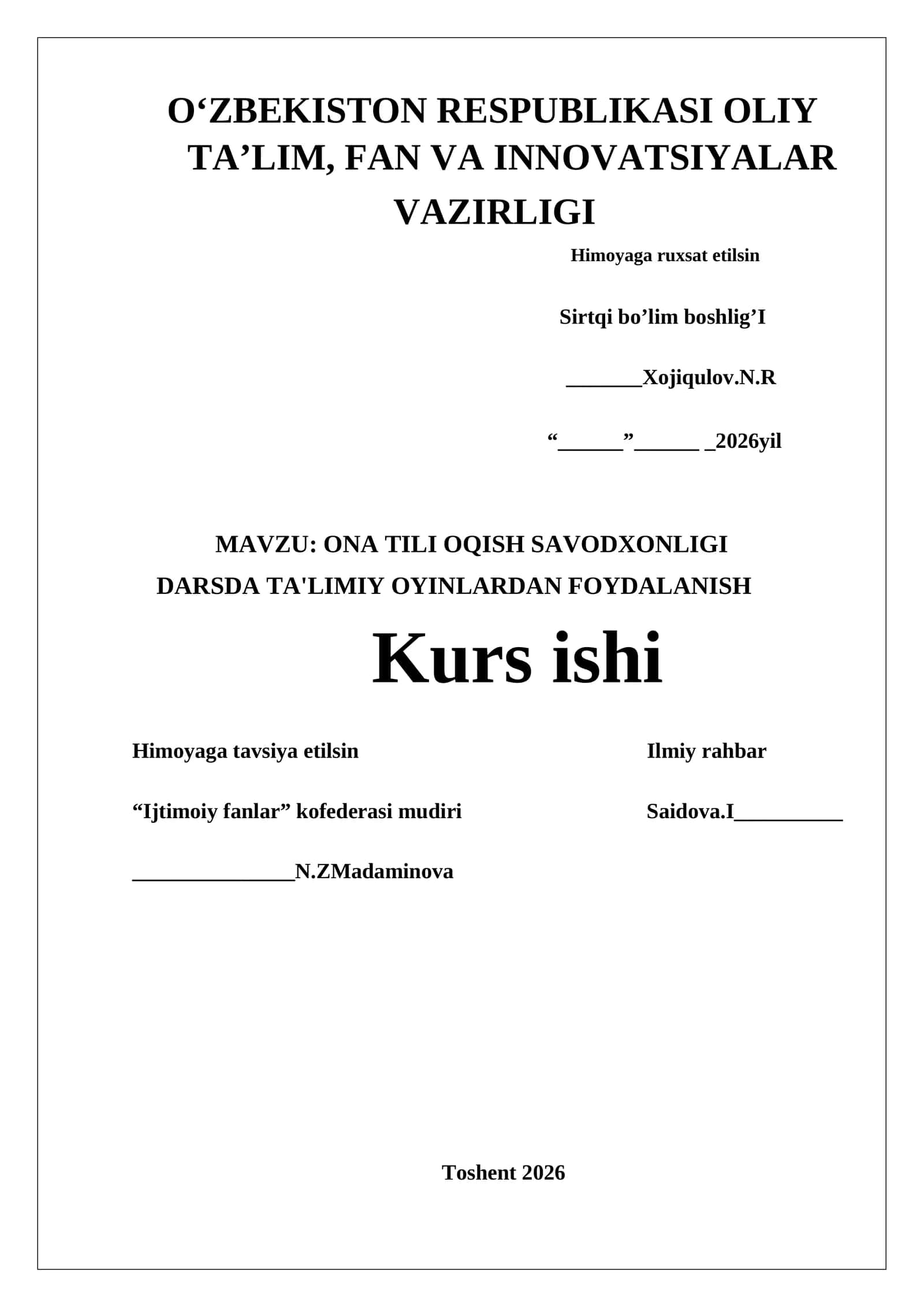ONA TILI OQISH SAVODXONLIGI DARSDA TA'LIMIY OYINLARDAN FOYDALANISH
