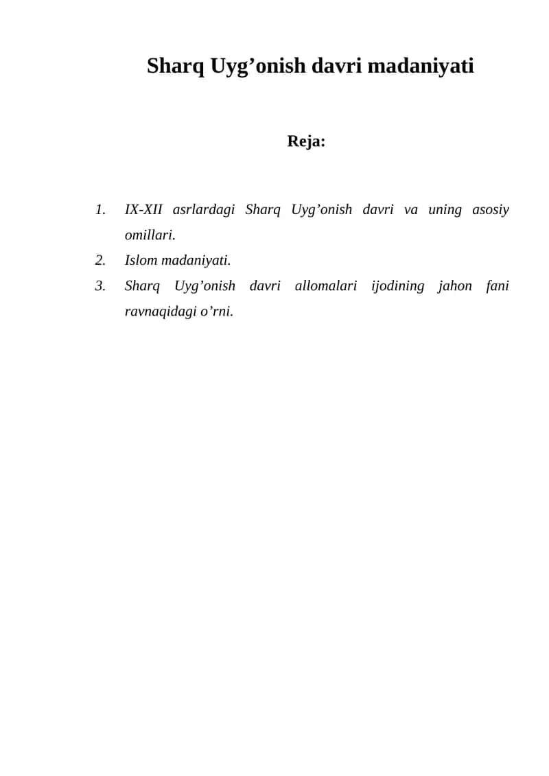 Sharq Uyg’onish davri madaniyati