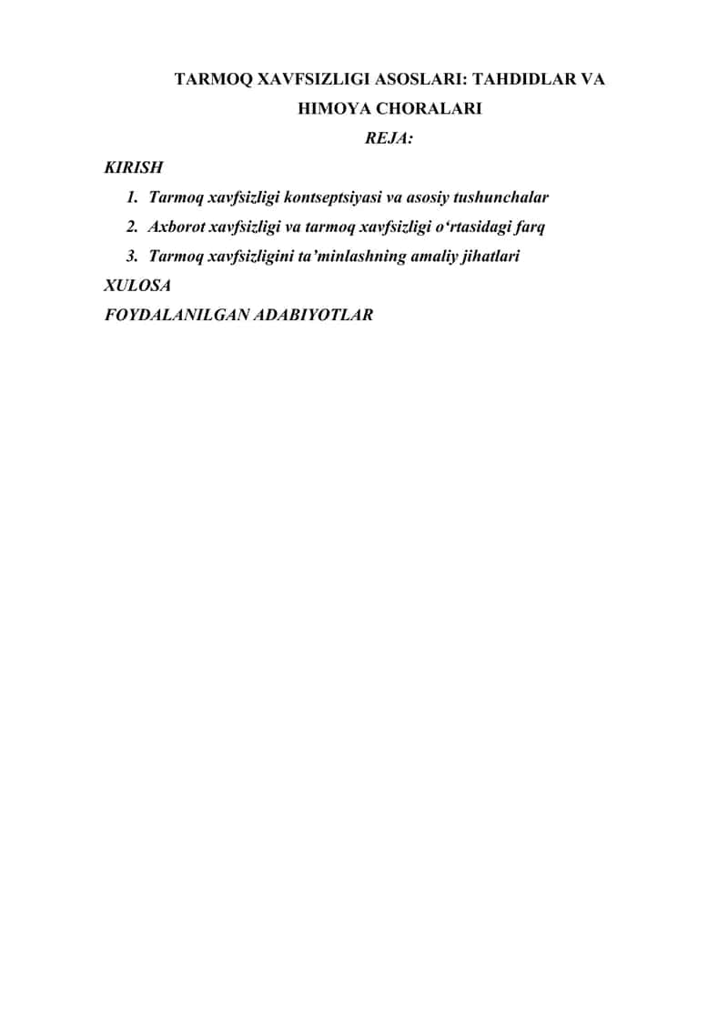 TARMOQ XAVFSIZLIGI ASOSLARI TAHDIDLAR VA HIMOYA CHORALARI