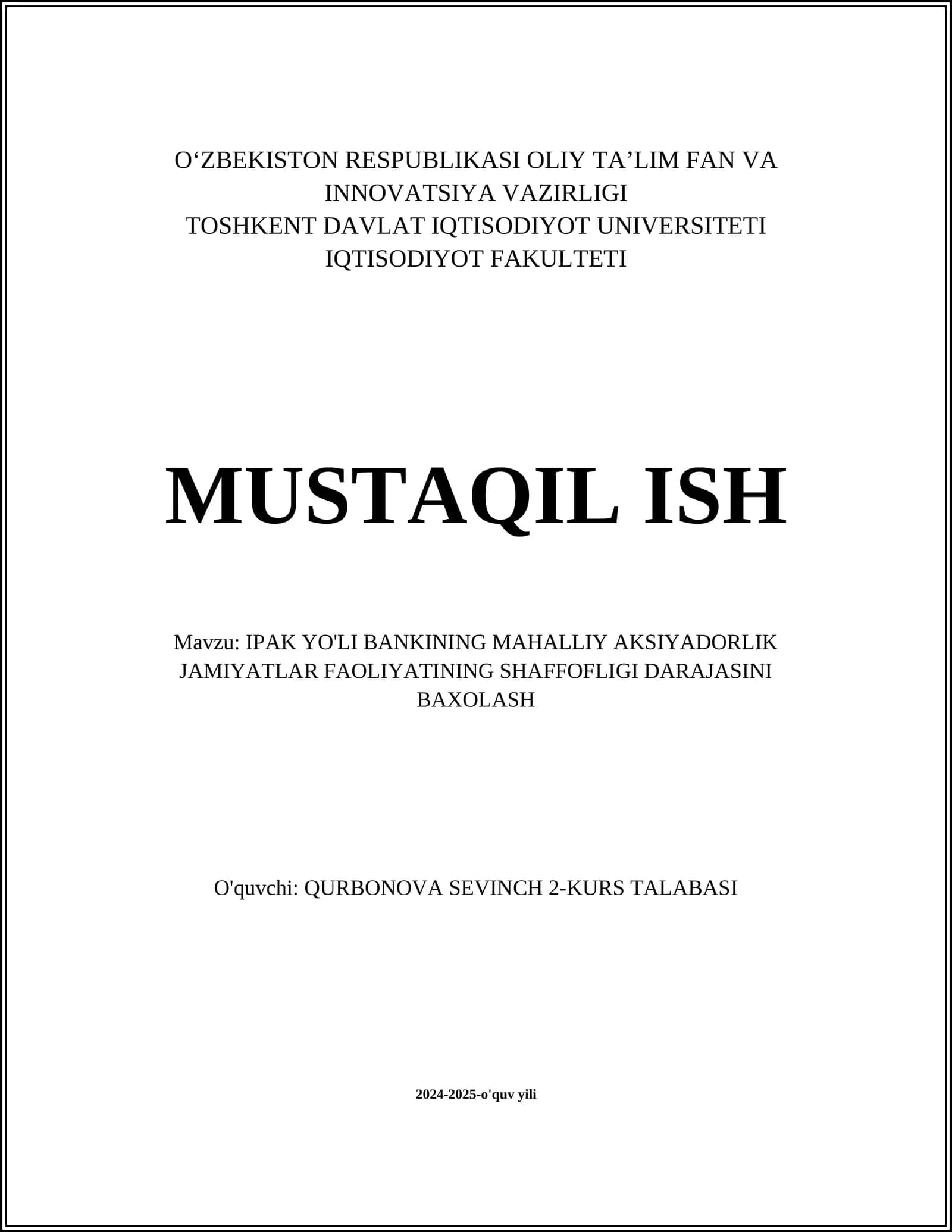 IPAK YO'LI BANKINING MAHALLIY AKSIYADORLIK JAMIYATLAR FAOLIYATINING SHAFFOFLIGI DARAJASINI BAXOLASH