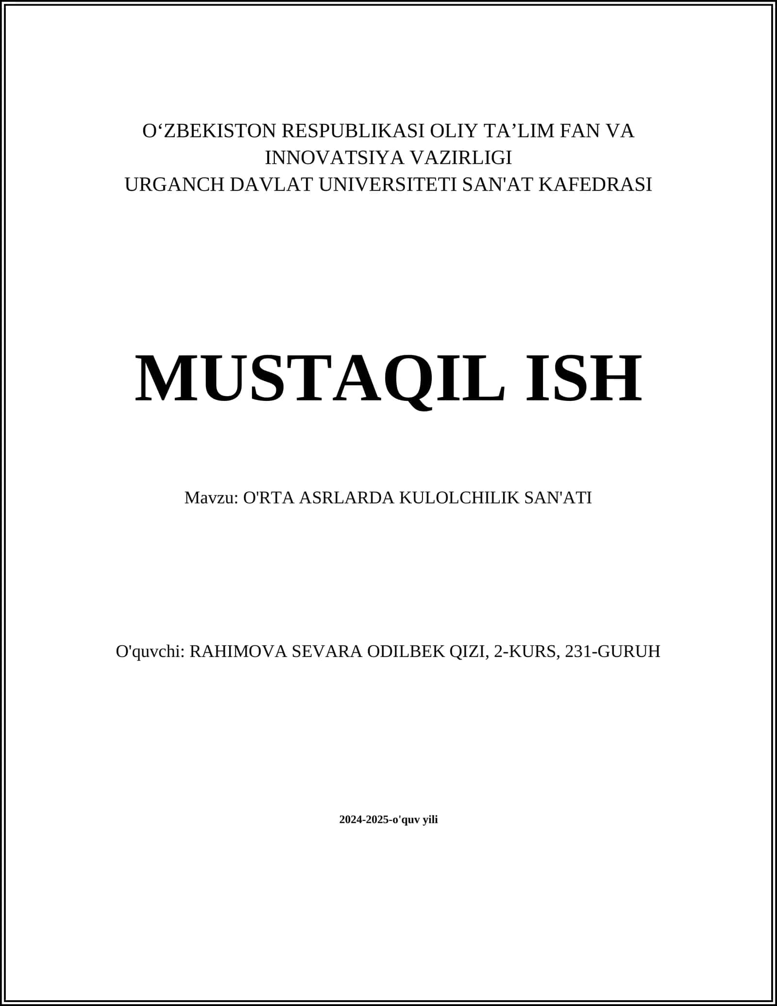 O'RTA ASRLARDA KULOLCHILIK SAN'ATI