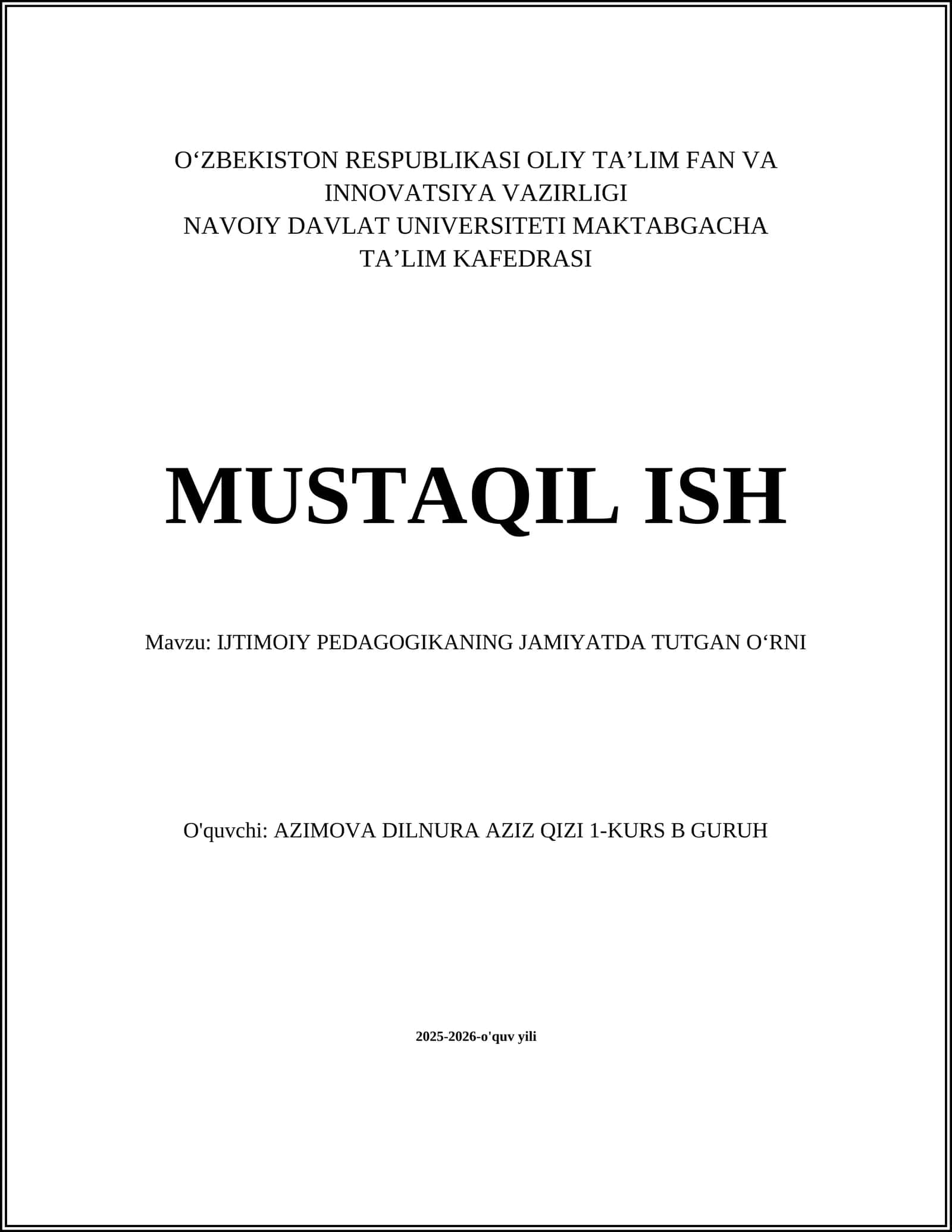 Ijtimoiy Pedagogika Bo'yicha Mustaqil Ish